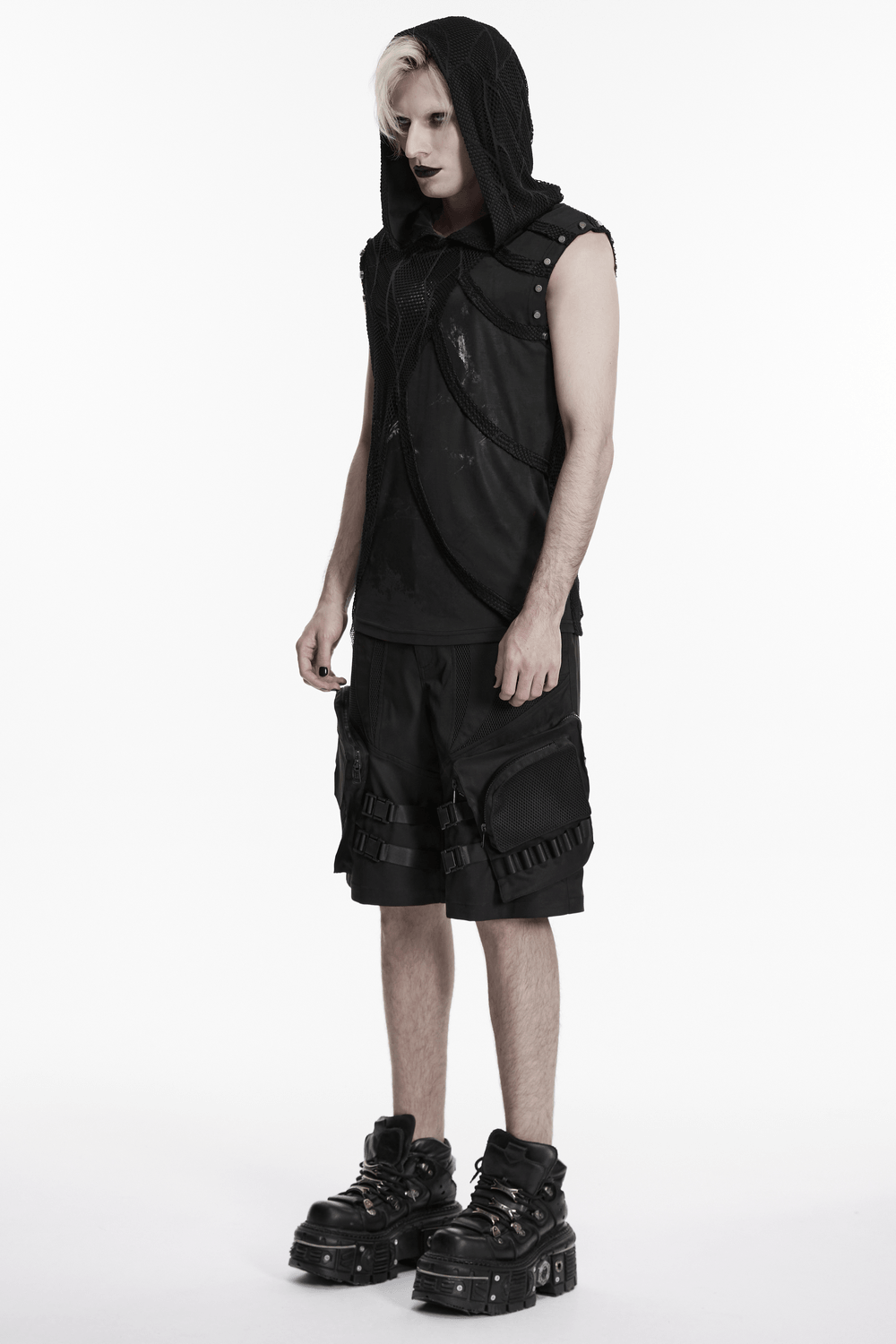 Black Punk Mesh Hooded Sleeveless Top With Studs