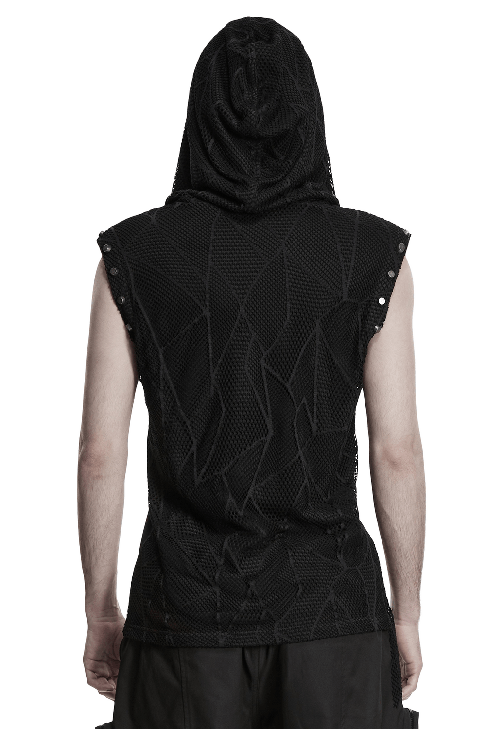 Black Punk Mesh Hooded Sleeveless Top With Studs