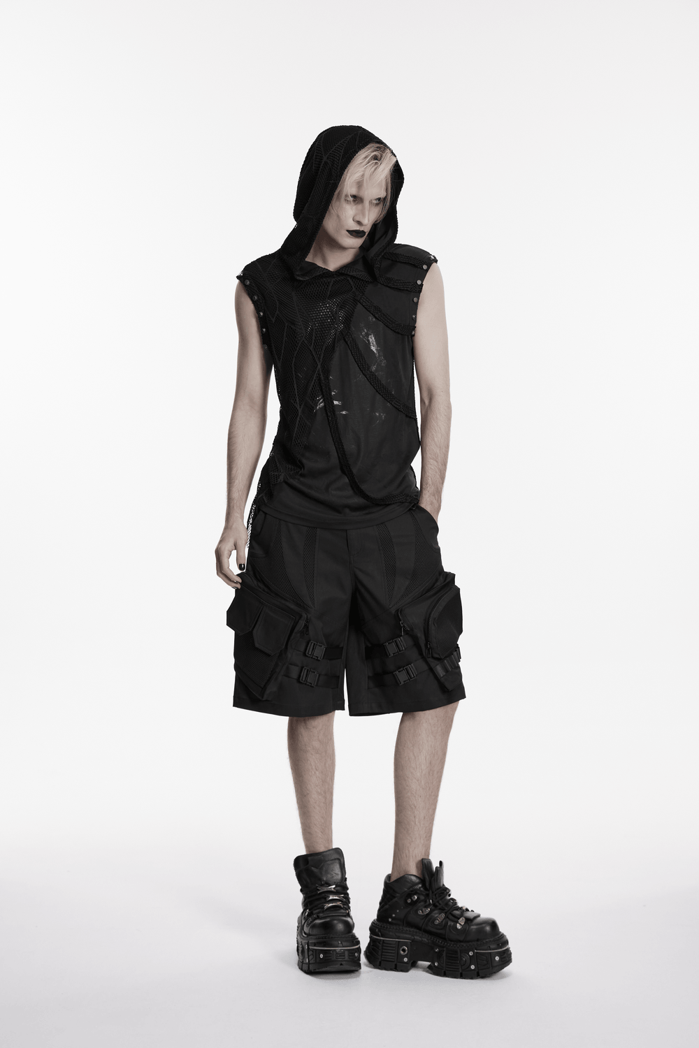 Black Punk Mesh Hooded Sleeveless Top With Studs