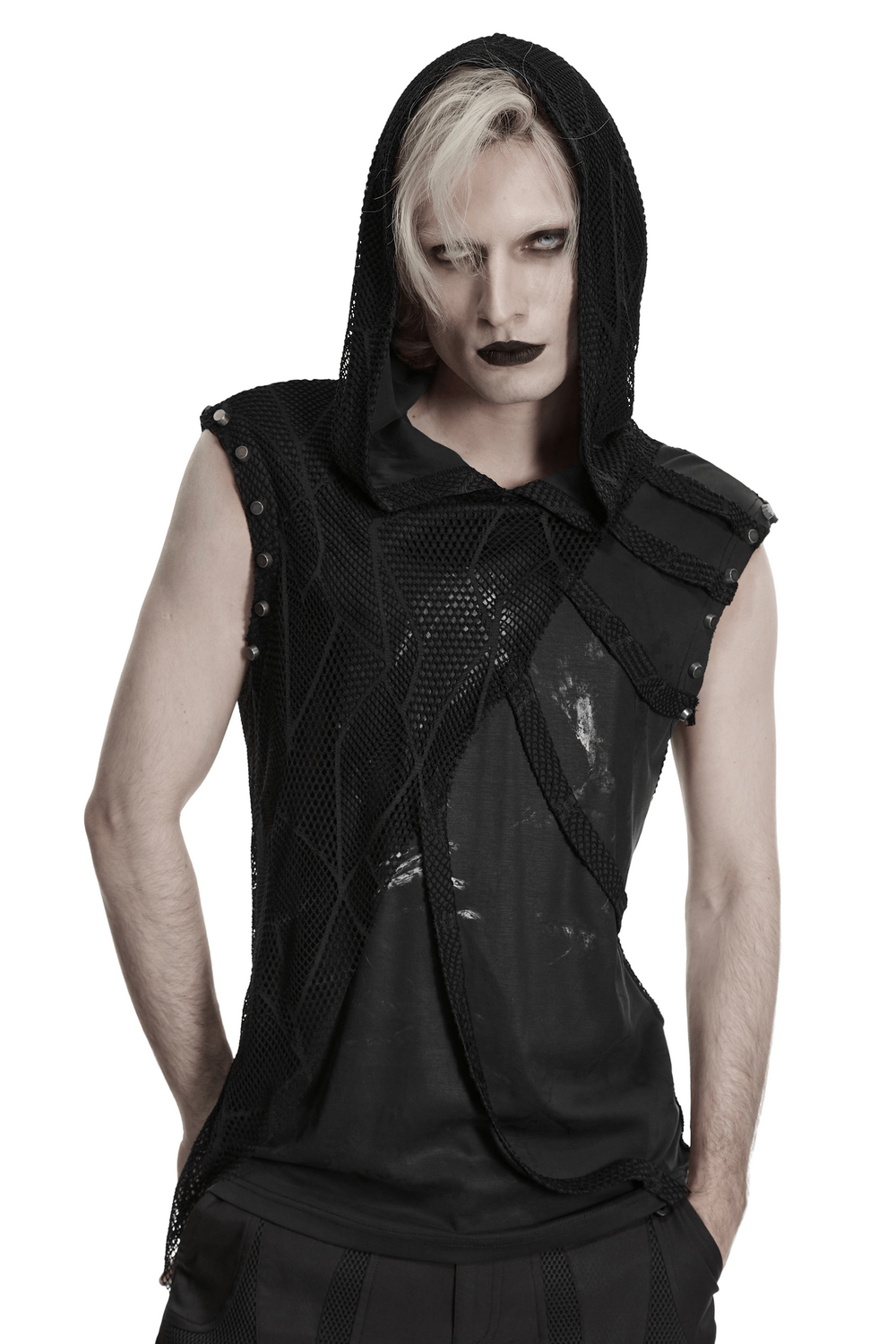 Black Punk Mesh Hooded Sleeveless Top With Studs