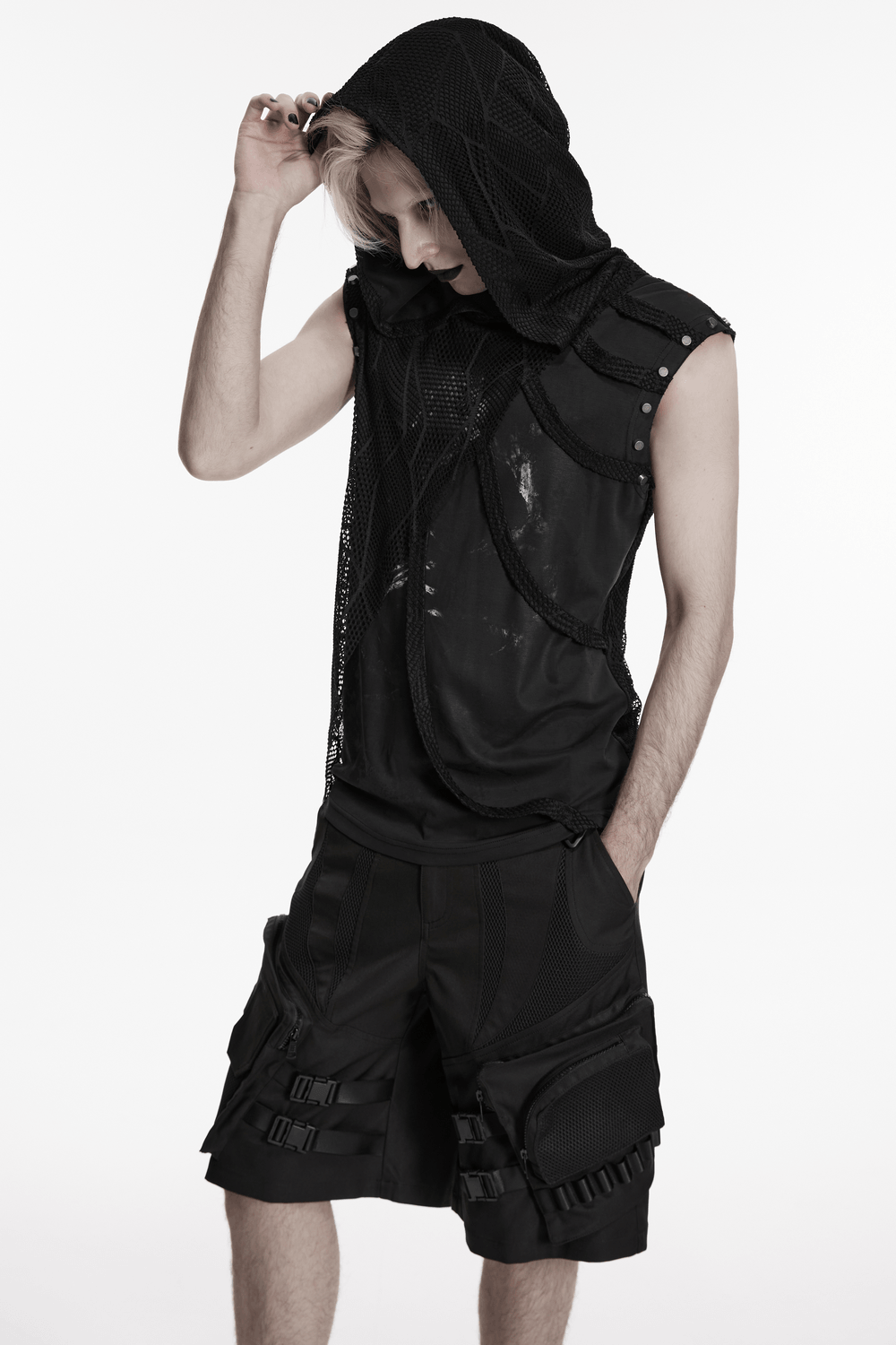 Black Punk Mesh Hooded Sleeveless Top With Studs