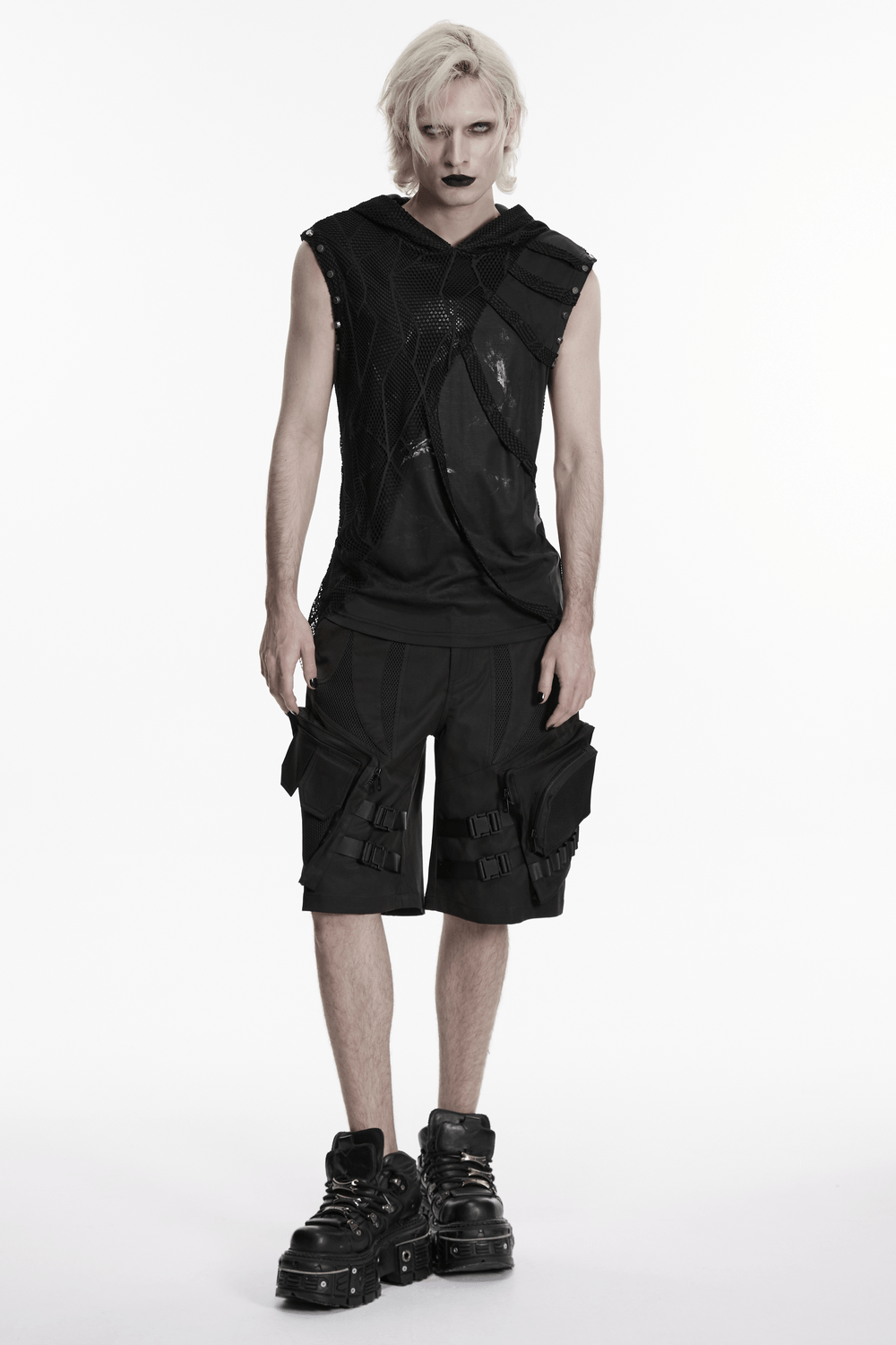 Black Punk Mesh Hooded Sleeveless Top With Studs