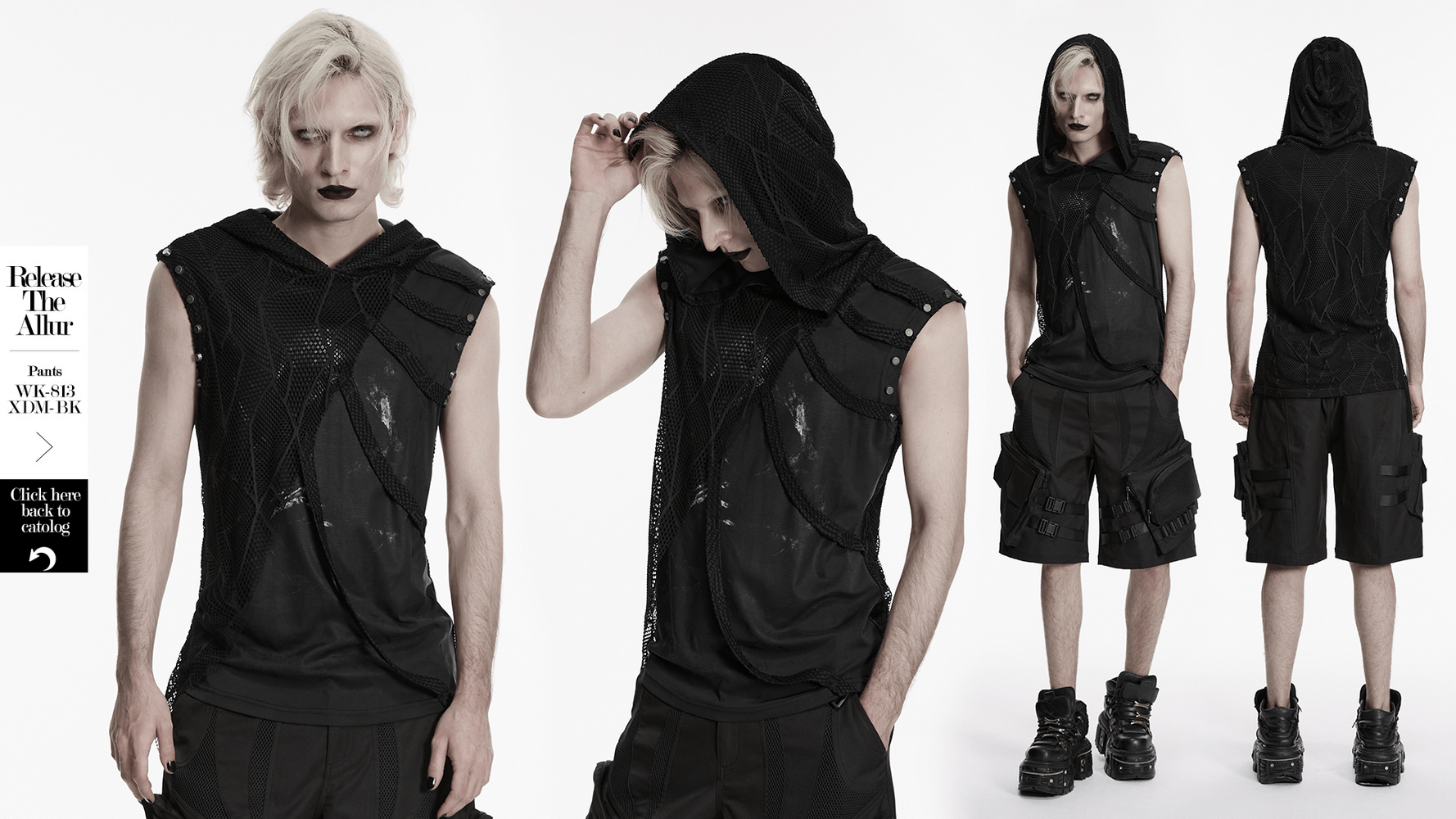 Black Punk Mesh Hooded Sleeveless Top With Studs