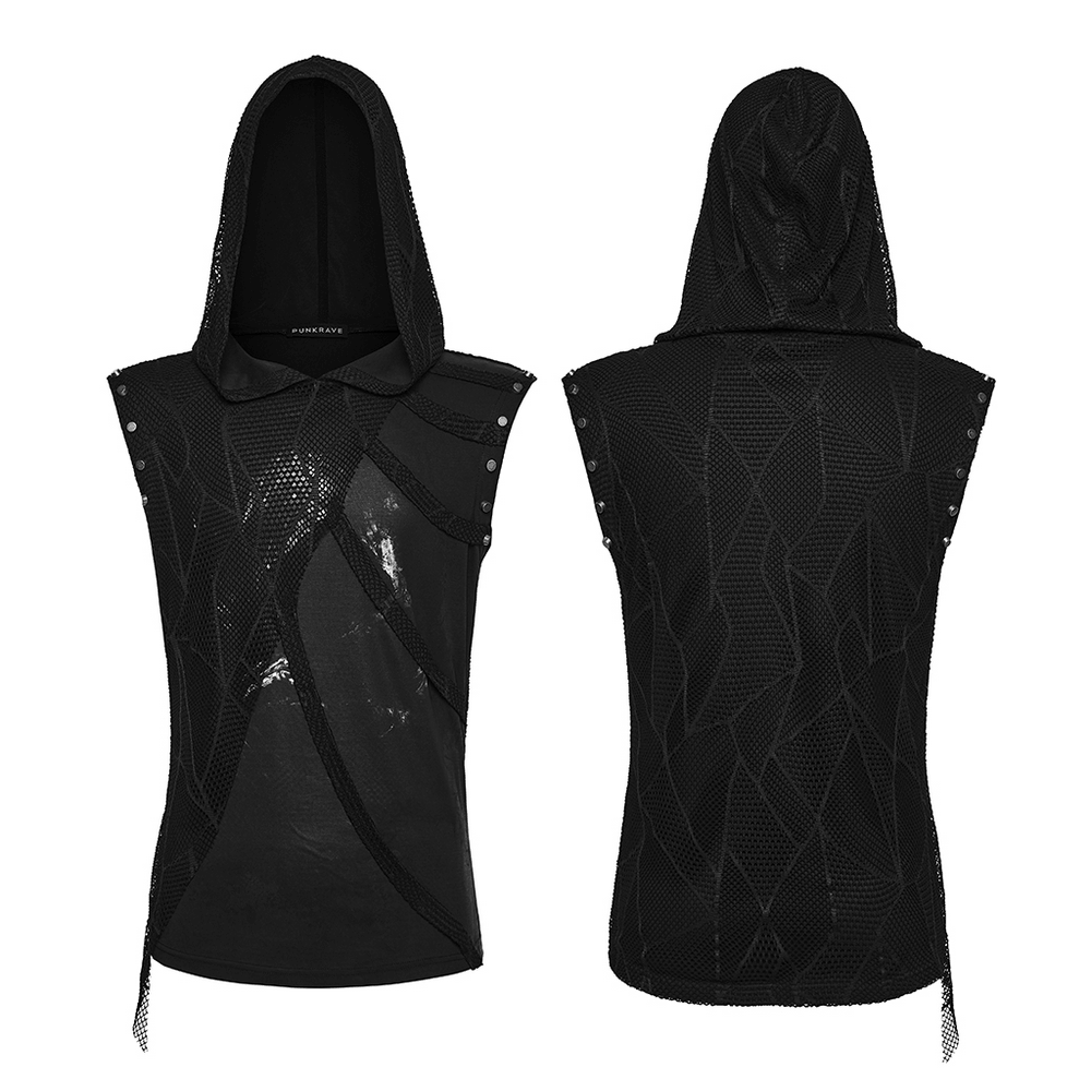 Black Punk Mesh Hooded Sleeveless Top With Studs