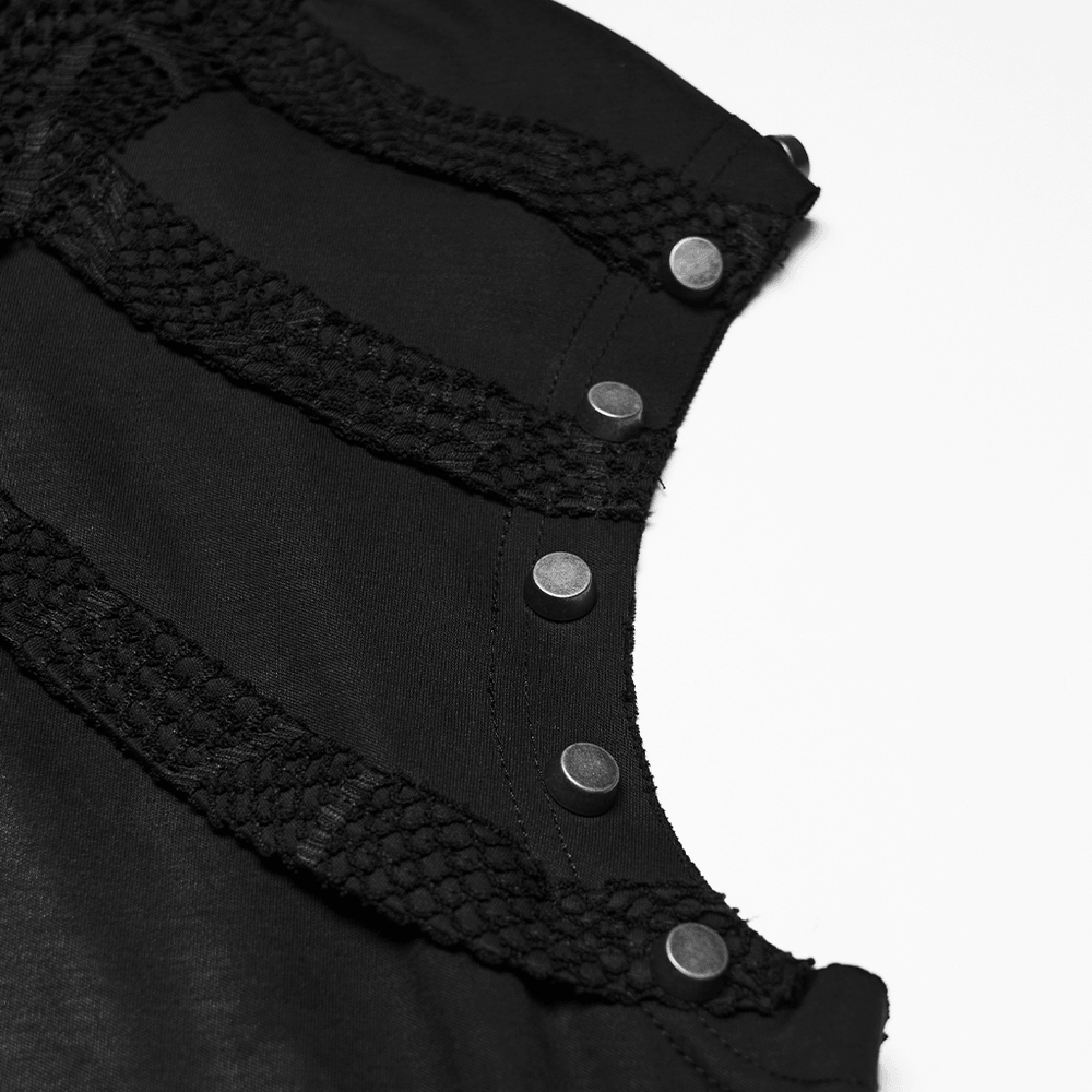 Black Punk Mesh Hooded Sleeveless Top With Studs