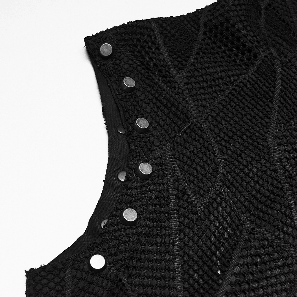 Black Punk Mesh Hooded Sleeveless Top With Studs
