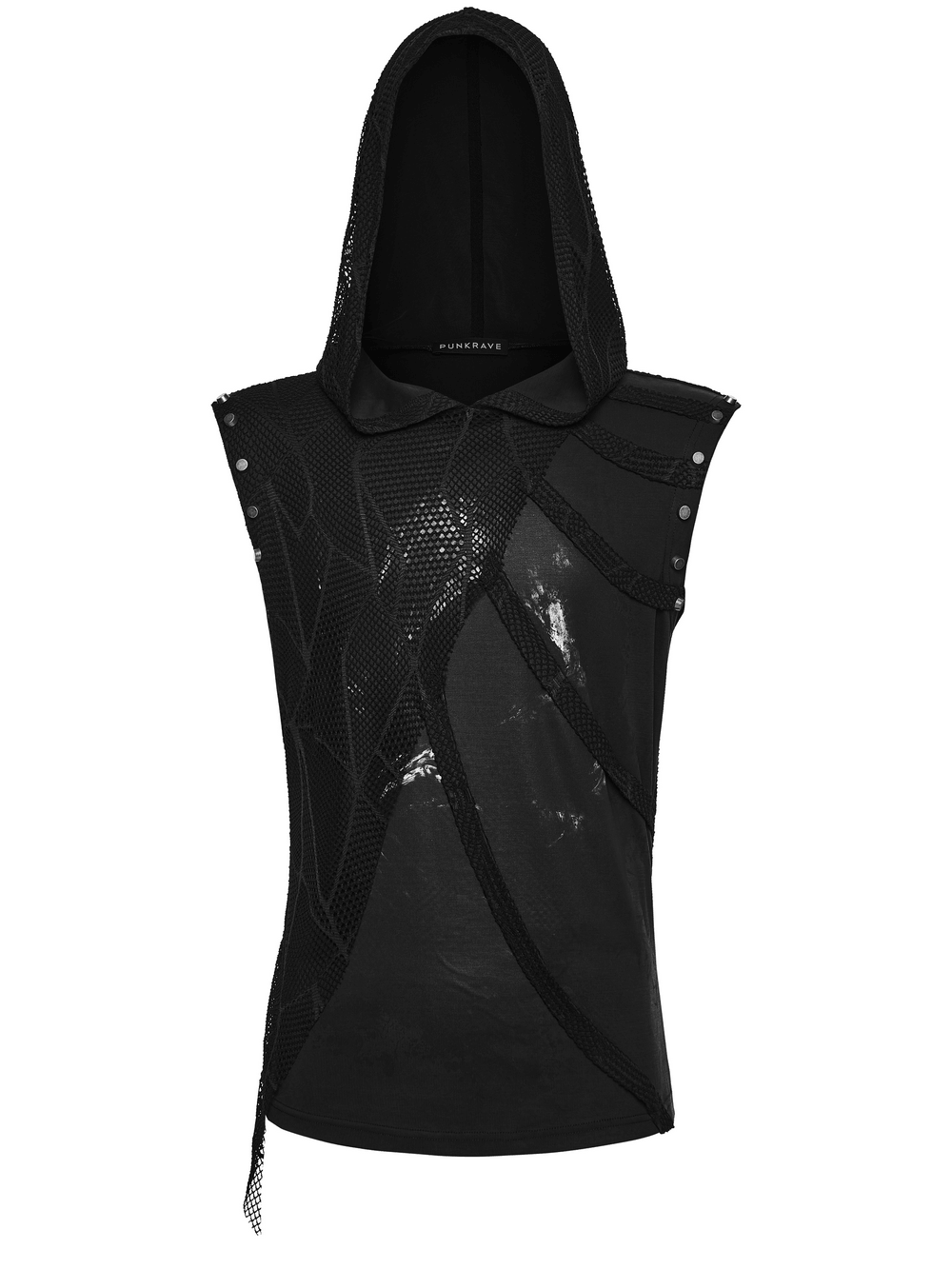Black Punk Mesh Hooded Sleeveless Top With Studs