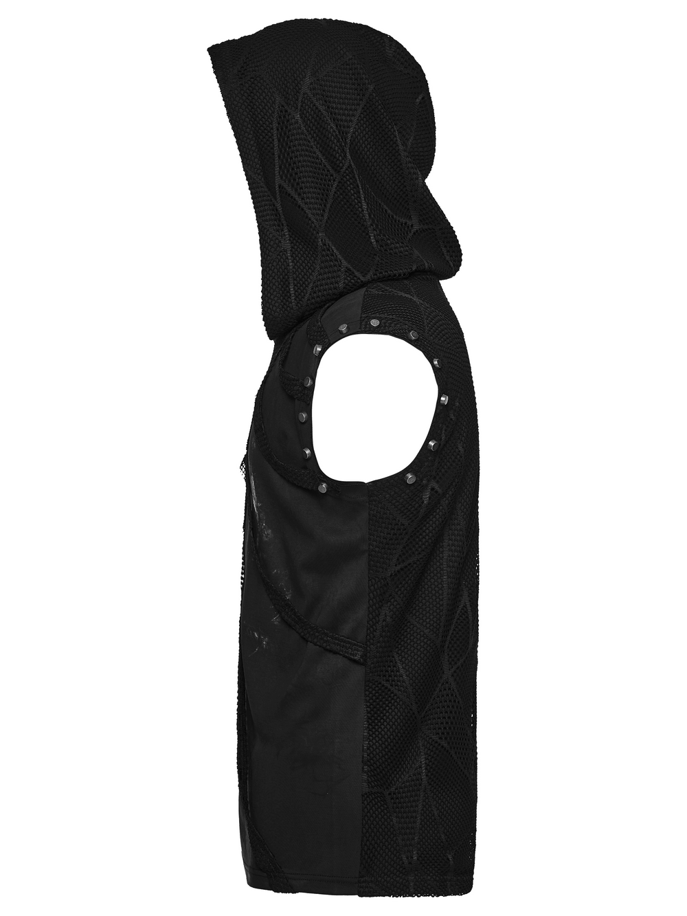 Black Punk Mesh Hooded Sleeveless Top With Studs
