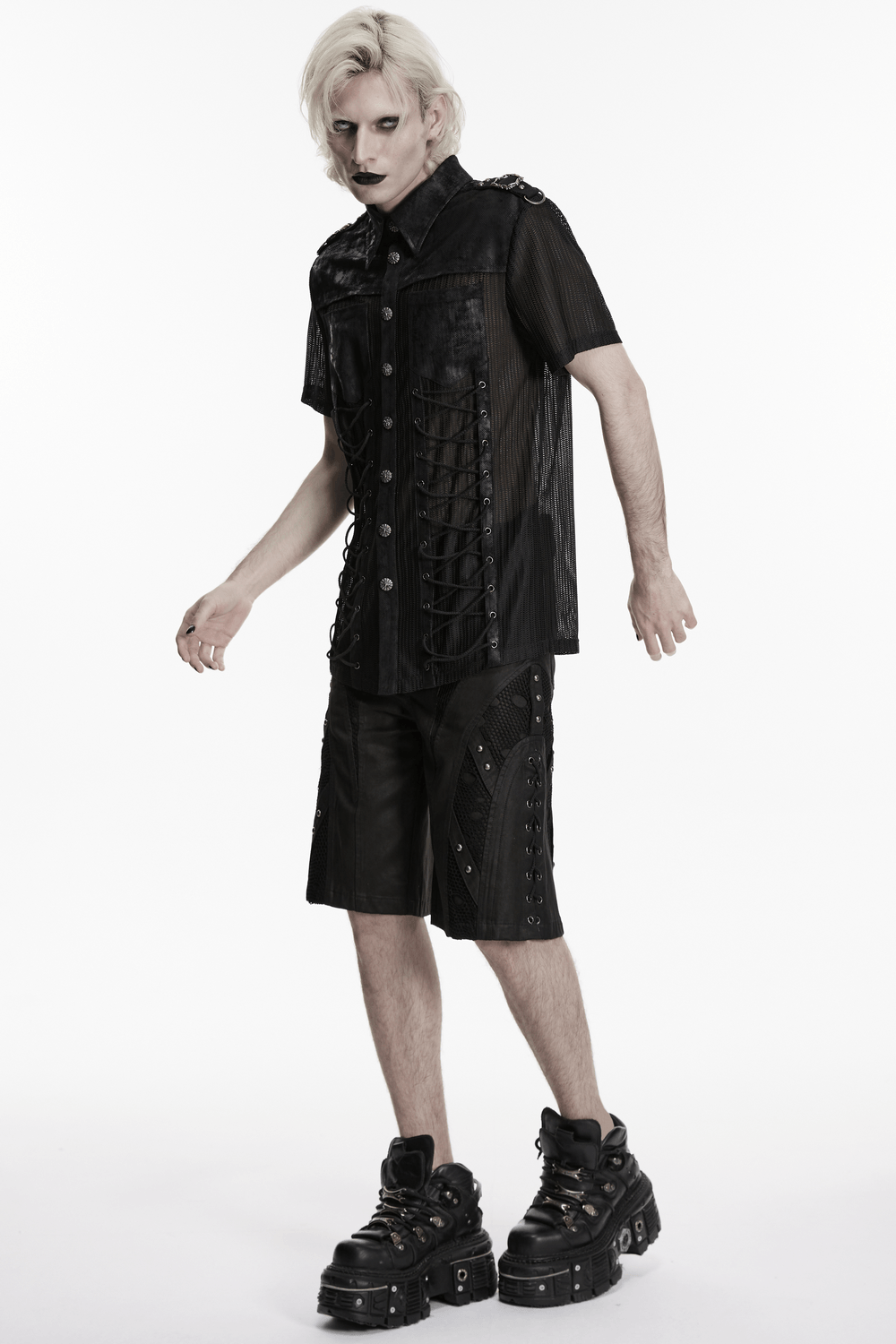Camiseta Negra de Malla Punk con Paneles Laterales de Cordones