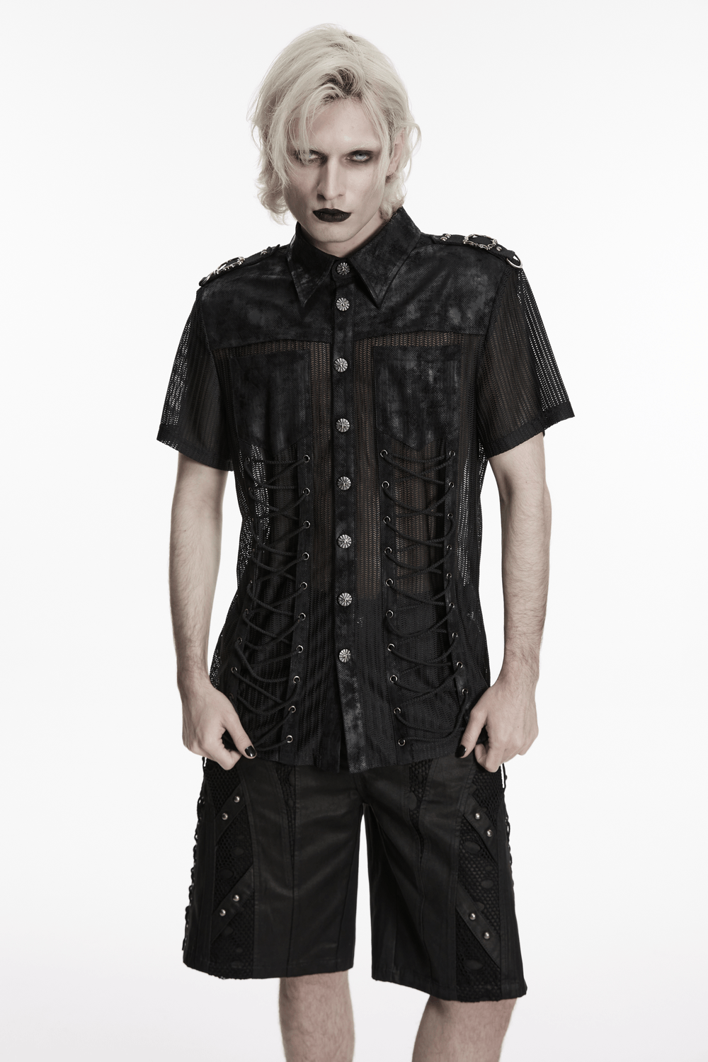 Camiseta Negra de Malla Punk con Paneles Laterales de Cordones