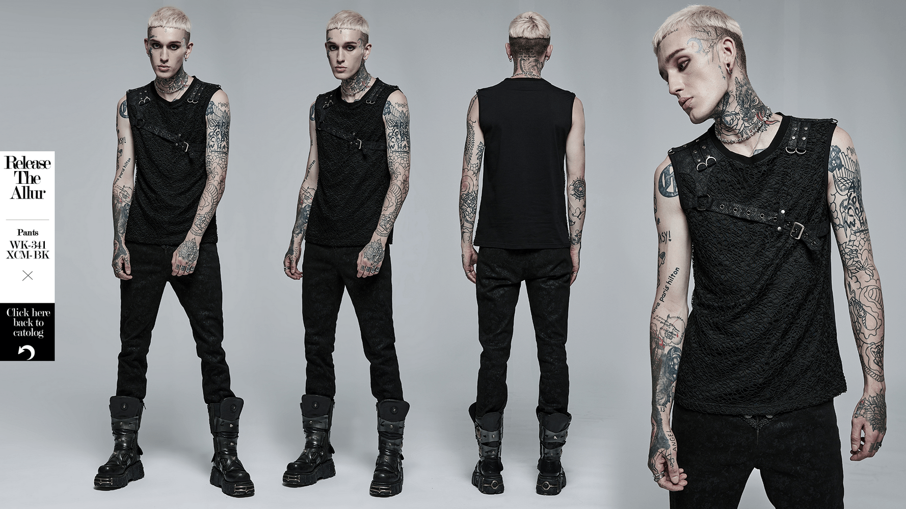 Stylish black punk mesh tank top with leather accents, showcasing an edgy rock-inspired look for a bold statement.