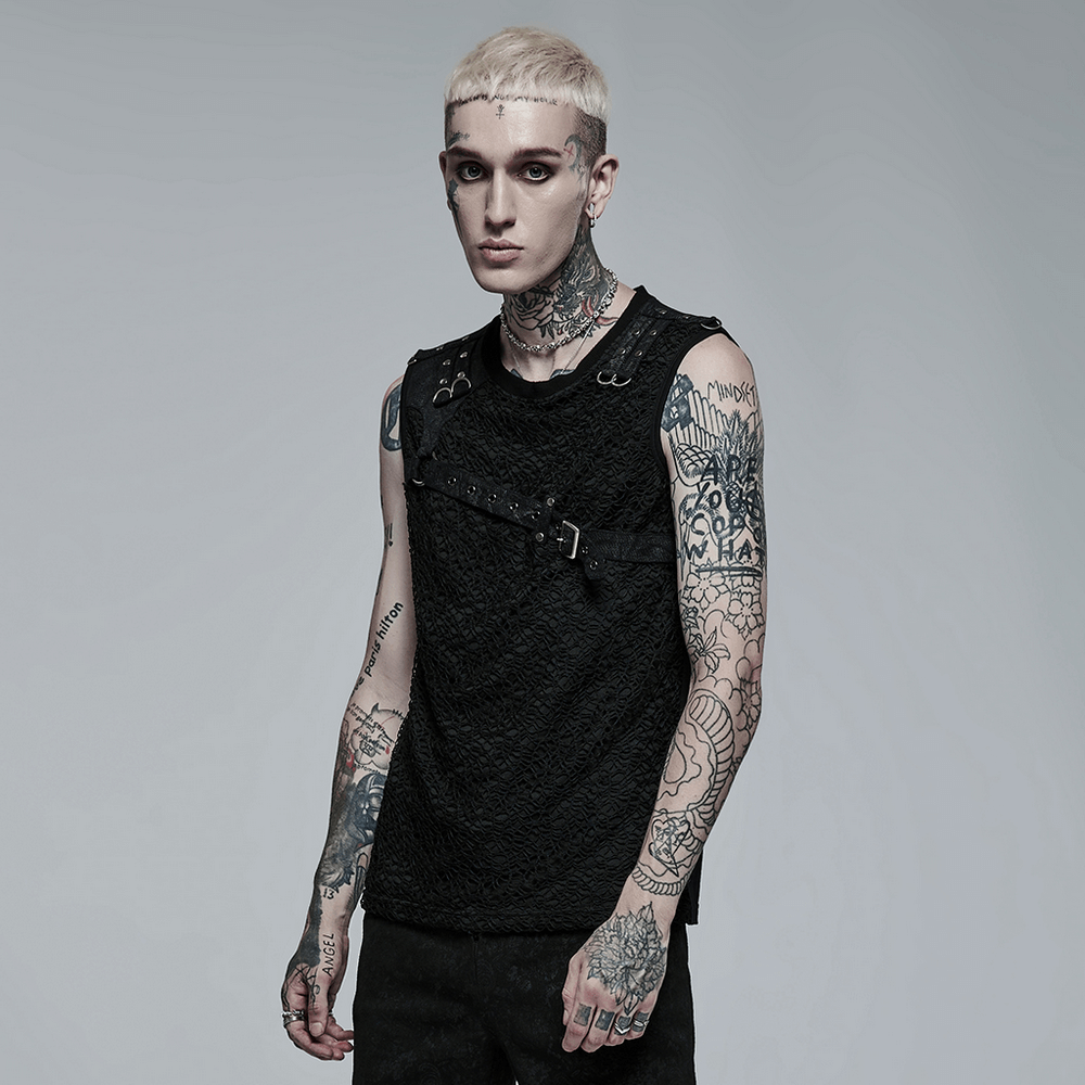 Stylish model wearing a black punk mesh tank top with leather accents and tattoos, perfect for a rock-star vibe.