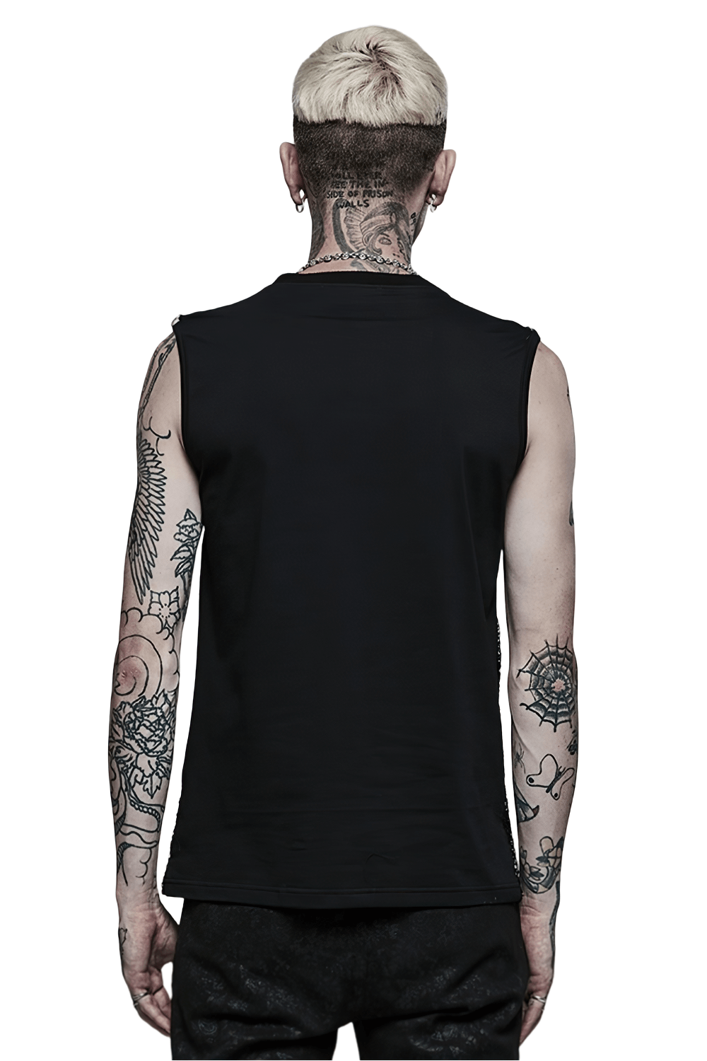 Back view of a model wearing a black tank top showcasing intricate tattoos and edgy style.