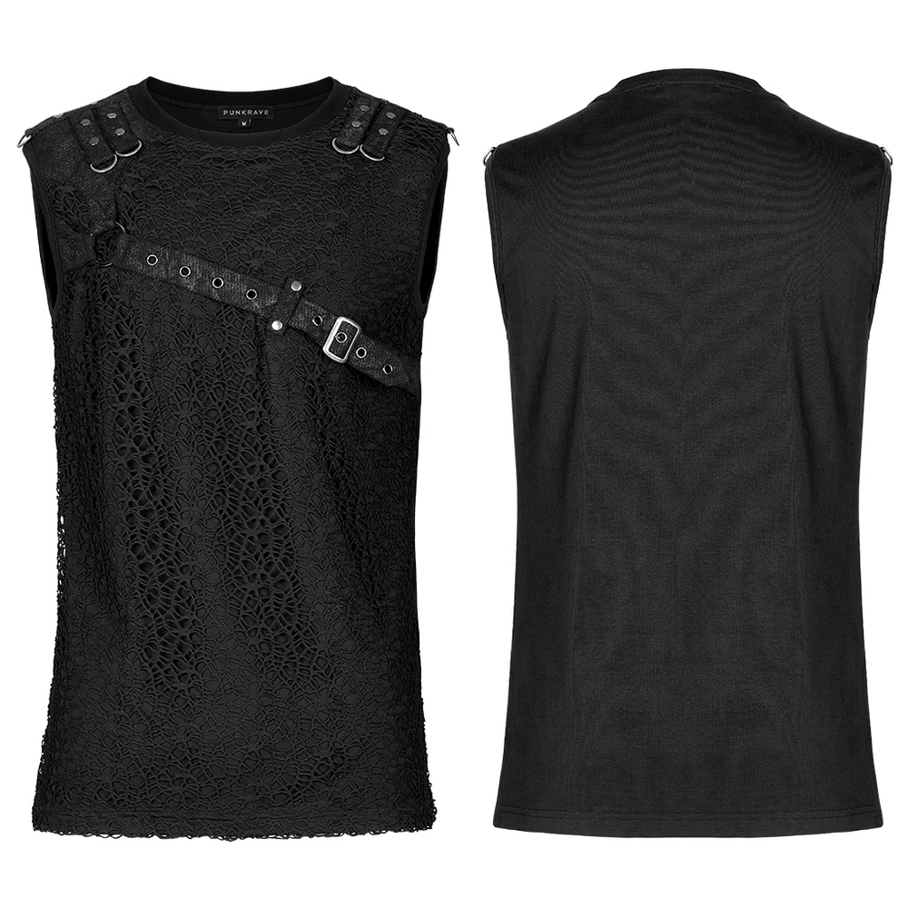 Black punk mesh tank top with leather straps for a rock star vibe, perfect for edgy outfits and night outs.