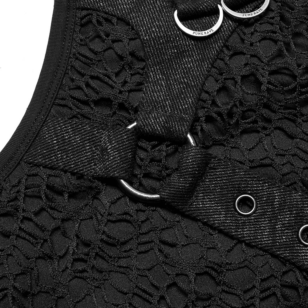 Close-up of black punk mesh tank top with leather accents and metal loops for an edgy rockstar style.