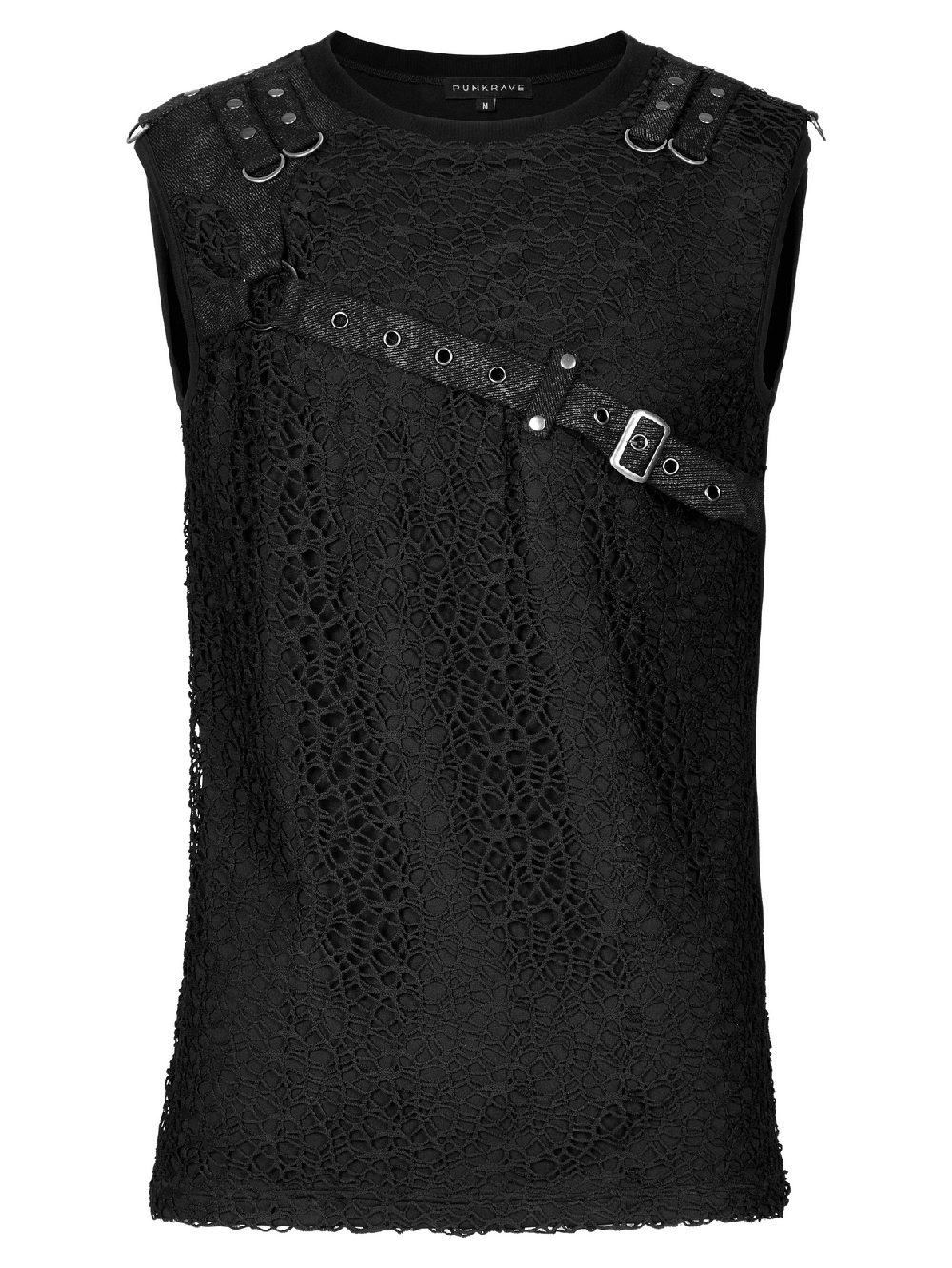 Black punk mesh tank top with leather accents, stylish and edgy for a night out or daily wear.