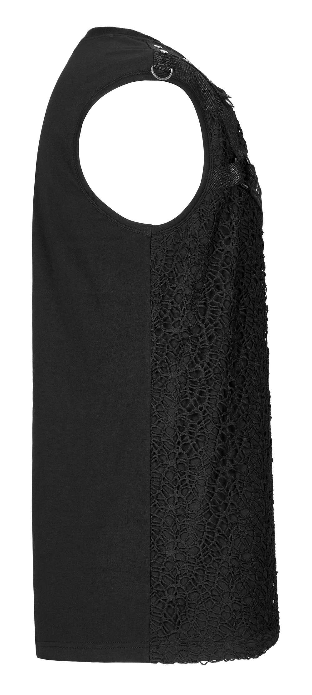 Black Punk Mesh Tank Top with Leather Accents