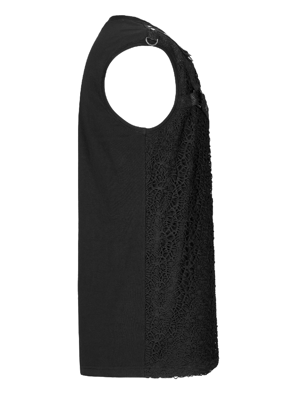 Black punk mesh tank top with leather accents, featuring unique spliced design and edgy shoulder loops.