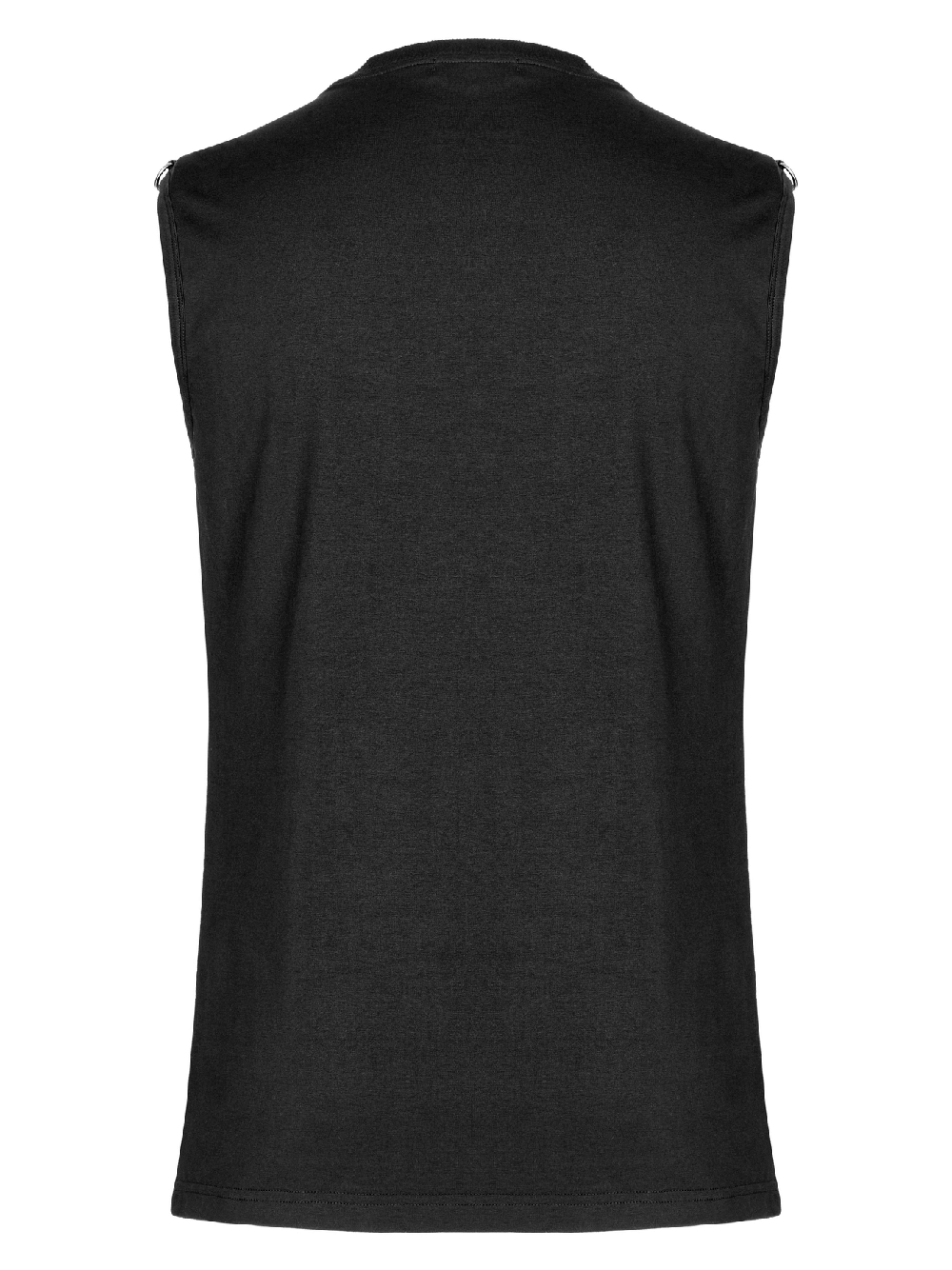 Back view of a black punk mesh tank top with leather accents, showcasing its edgy design and slim fit.