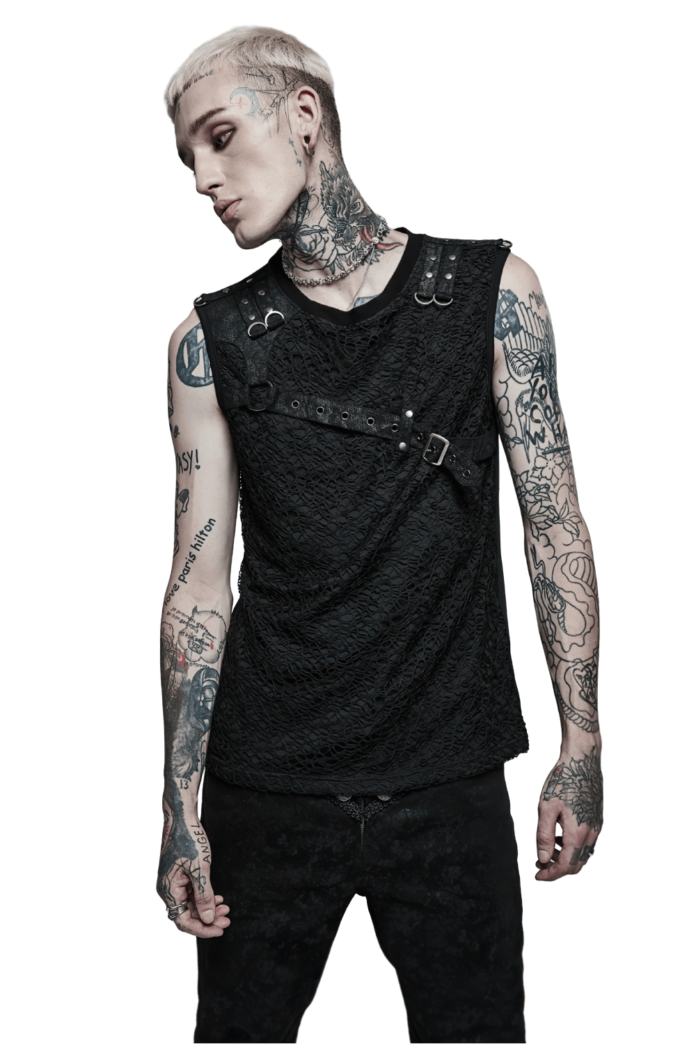 Edgy black punk mesh tank top with leather accents, perfect for rockstar vibes and stylish nights out.