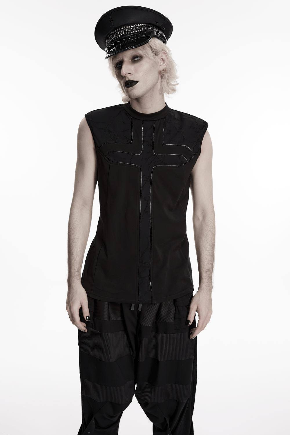 Black Punk Military Cap with Studded Gloss Visor worn with edgy black sleeveless top and loose striped pants.