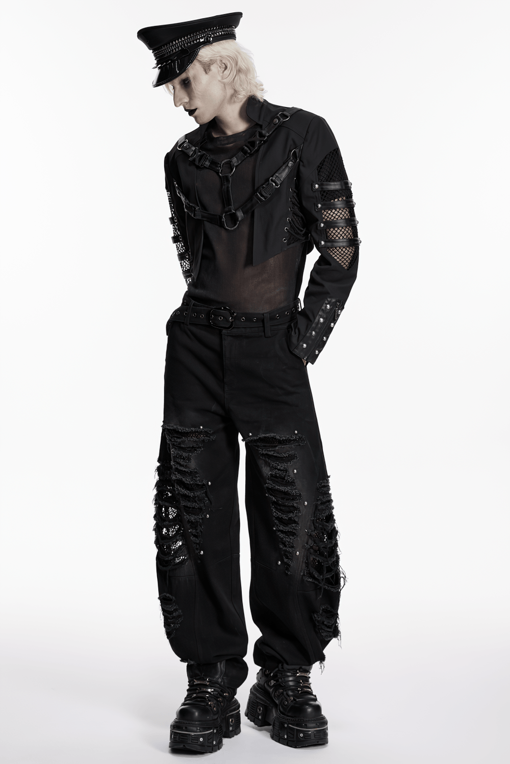 Black Punk Military Cap with Studded Gloss Visor worn with edgy black outfit featuring mesh and rivet details.