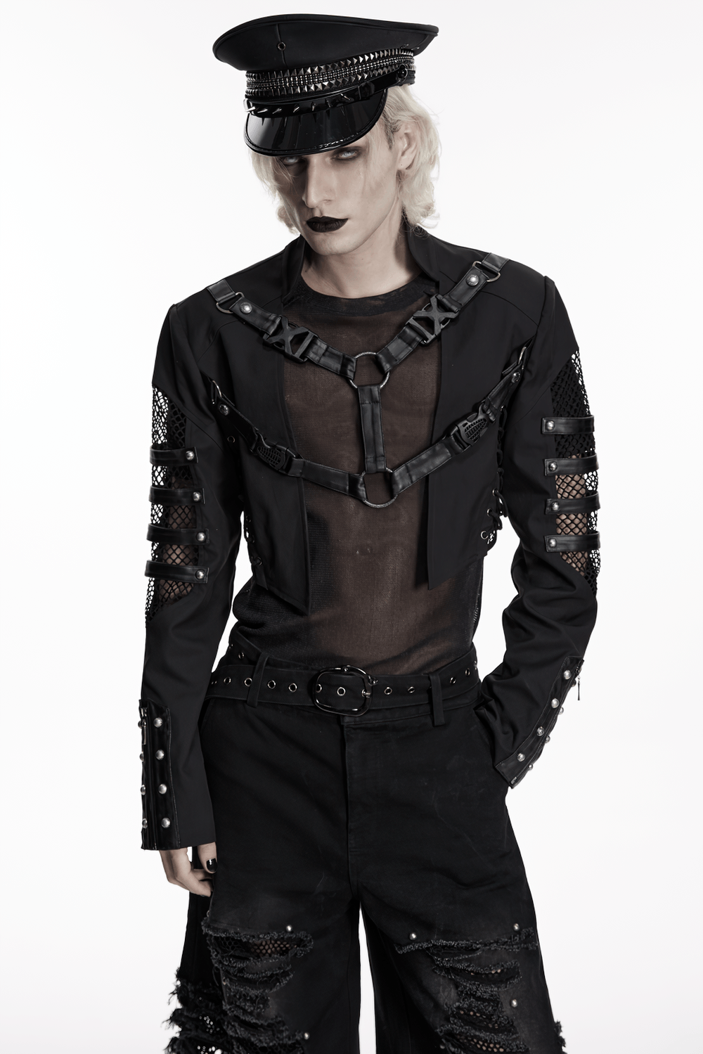 Black Punk Military Cap with Studded Gloss Visor worn with edgy mesh detail shirt and distressed pants.