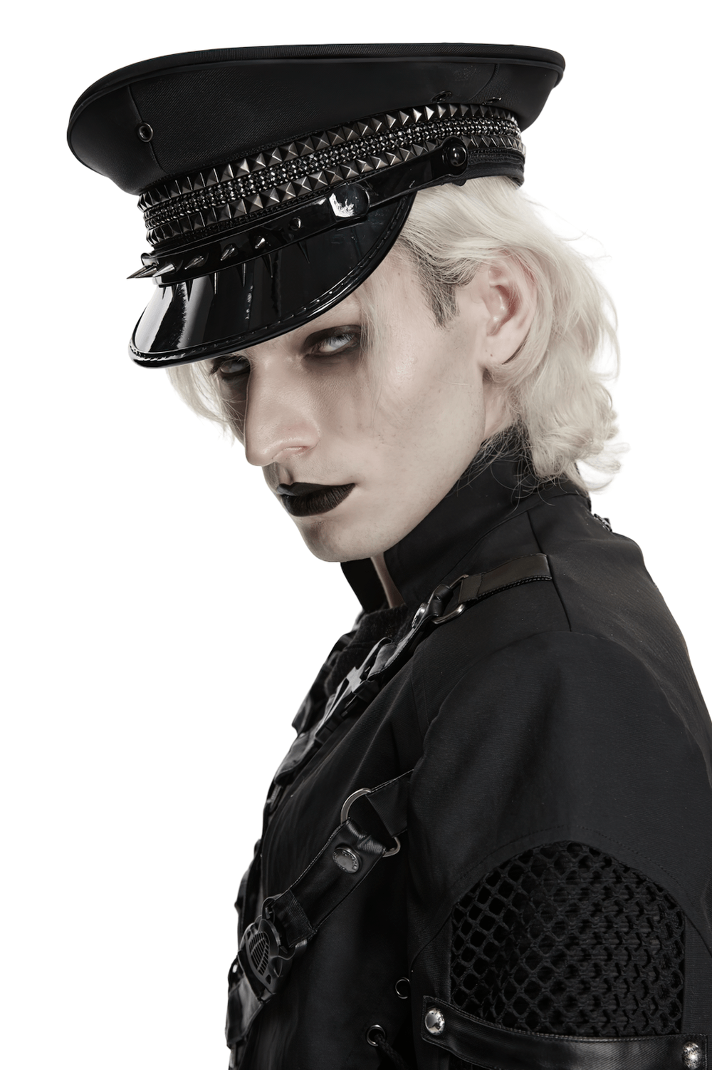 Black Punk Military Cap with Studded Gloss Visor worn by a model with an edgy look.