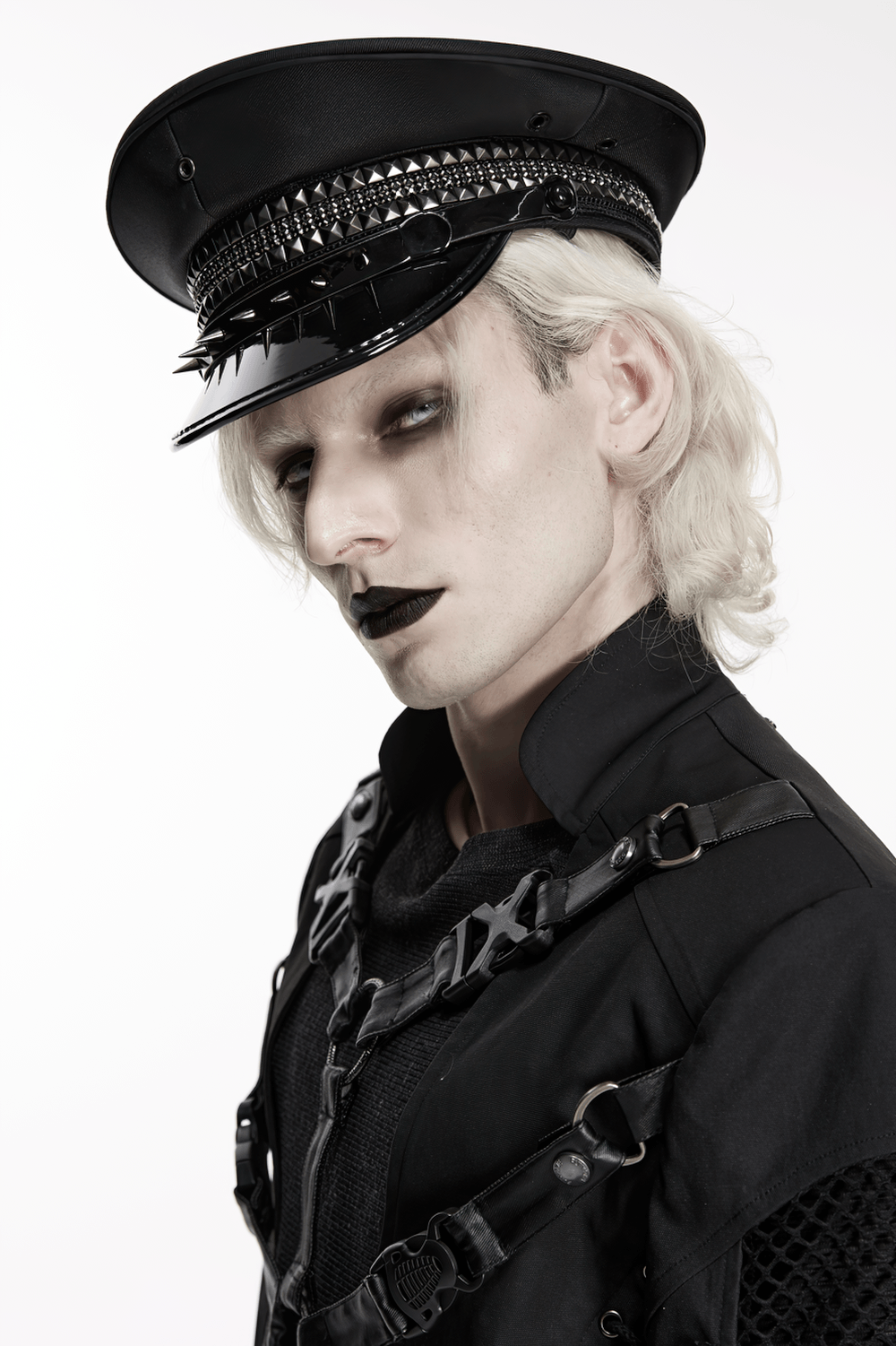 Black Punk Military Cap with Studded Gloss Visor worn by a model showcasing edgy streetwear style.