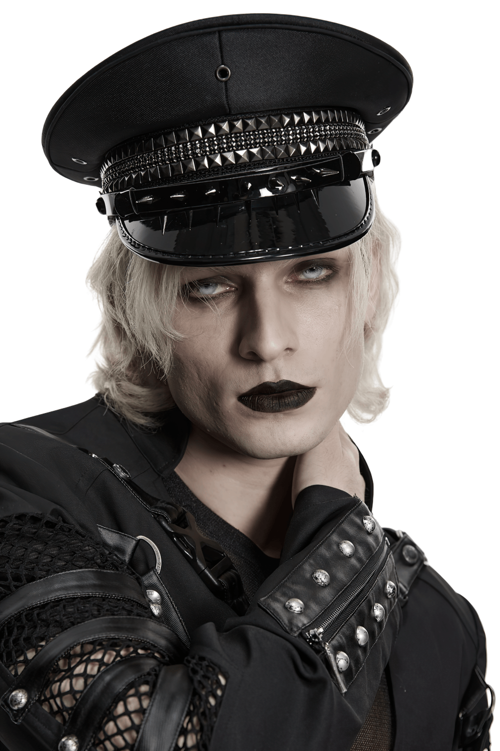 Black Punk Military Cap with Studded Gloss Visor modeled by a person in edgy gothic outfit.