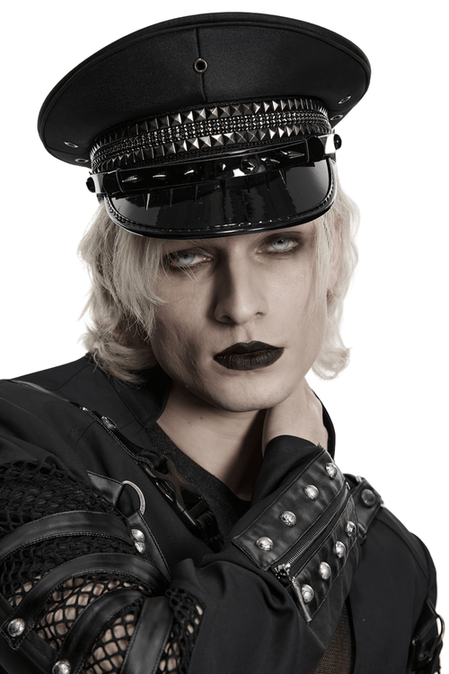 Gorra Militar Punk Negra con Visera Brillante Tachonada