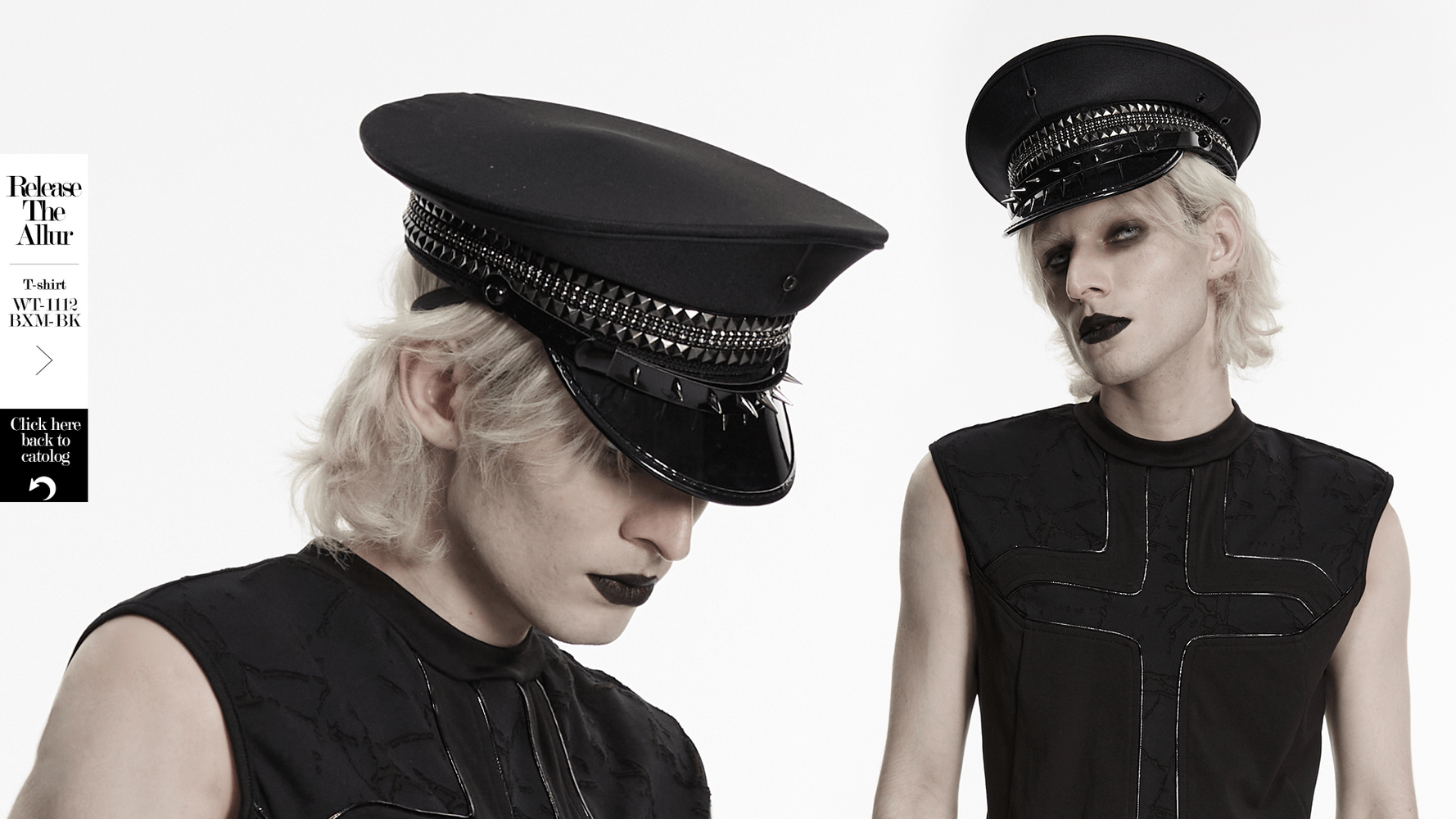 Black Punk Military Cap with Studded Gloss Visor worn by a model, showcasing edgy punk style and rivet details.