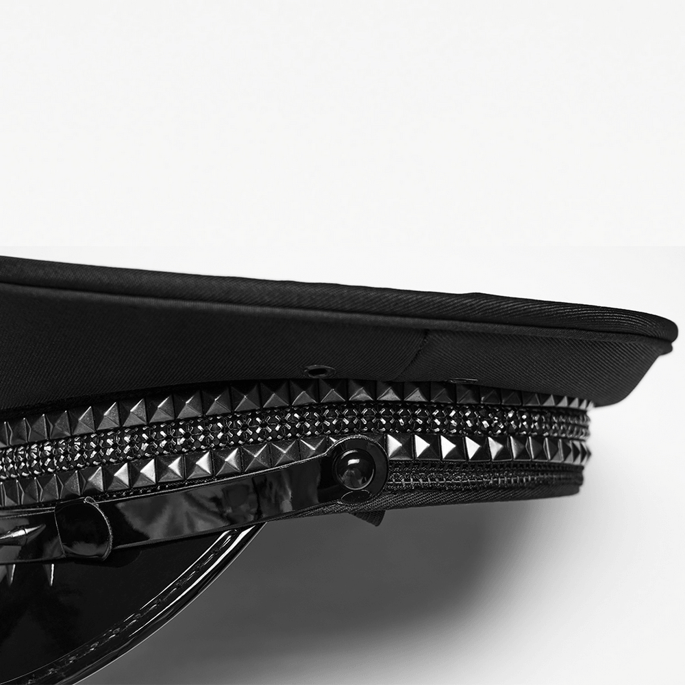 Side view of Black Punk Military Cap with Studded Gloss Visor showcasing rivets and glossy accents.