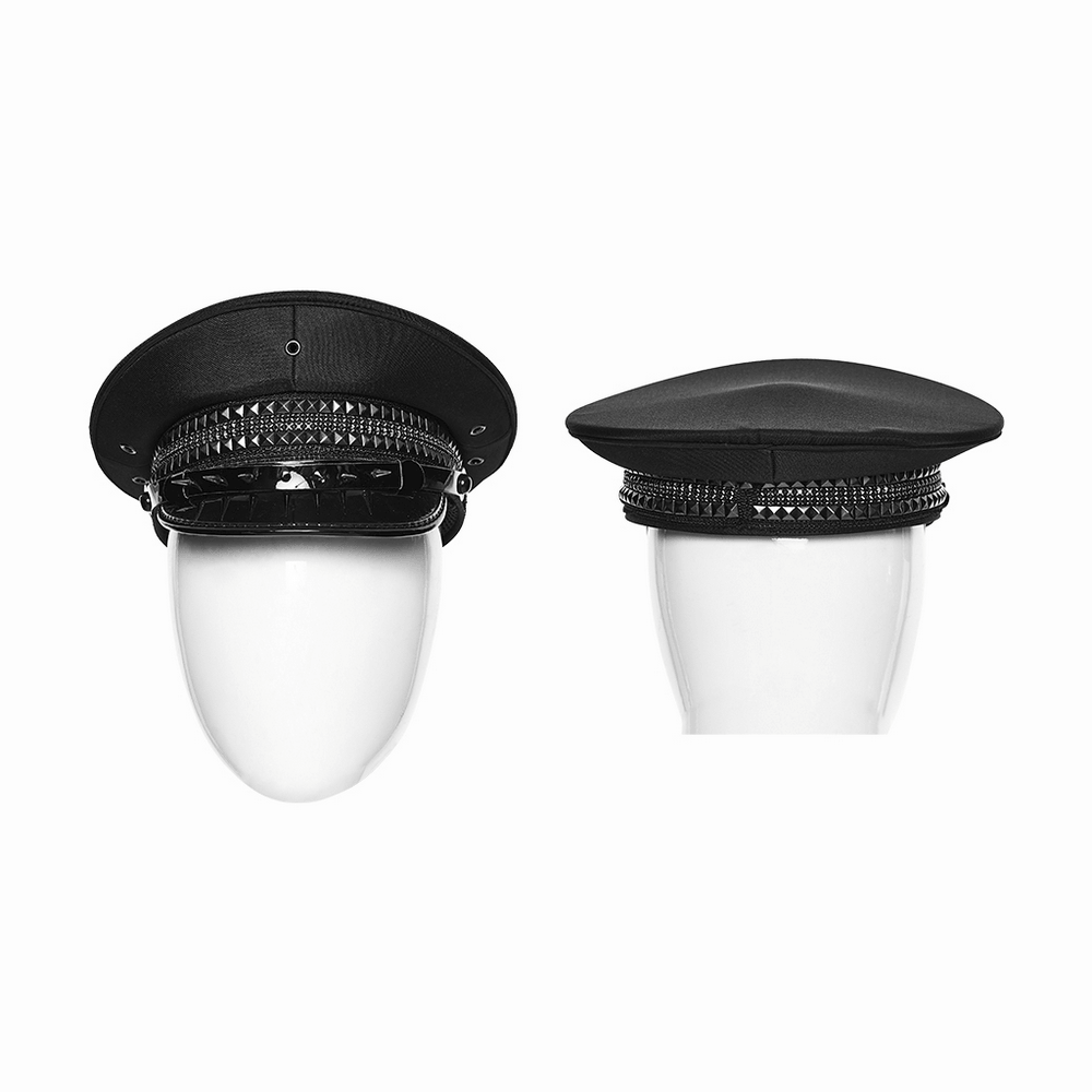 Black Punk Military Cap with Studded Gloss Visor displayed from two angles, showcasing rivet details and glossy visor.