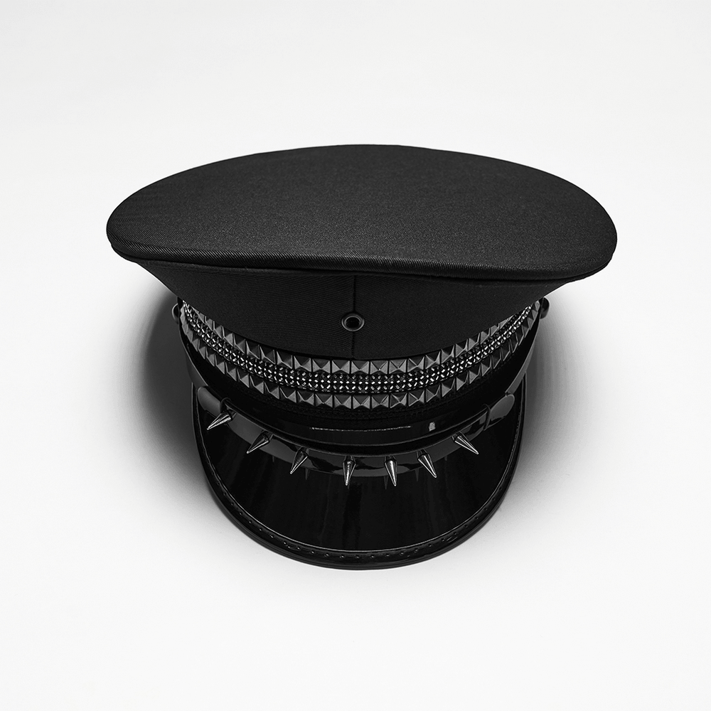 Black Punk Military Cap with Studded Gloss Visor featuring rivets and mesh accents for a bold alternative look.
