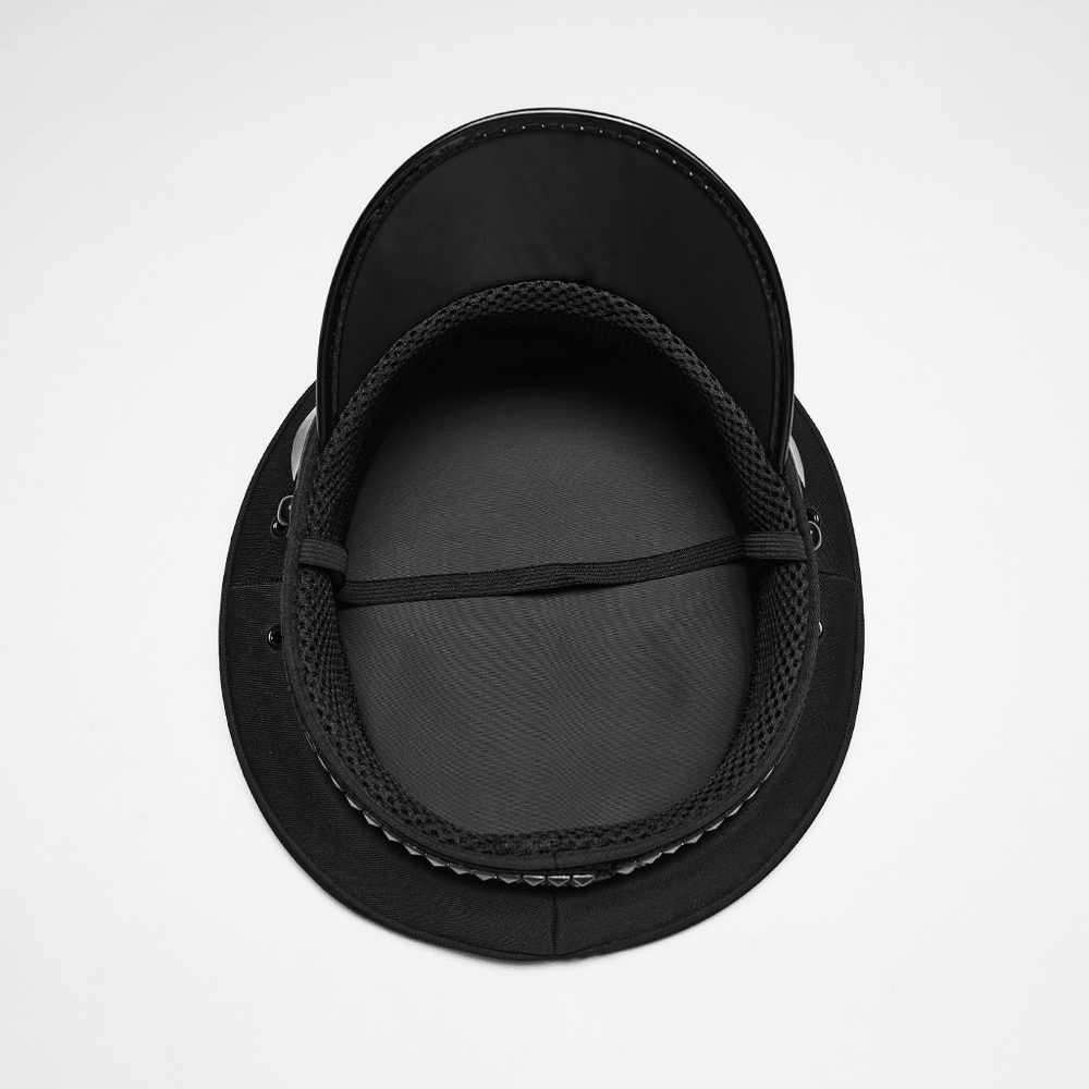 Inside view of the Black Punk Military Cap with Studded Gloss Visor showcasing mesh detail and structured design.