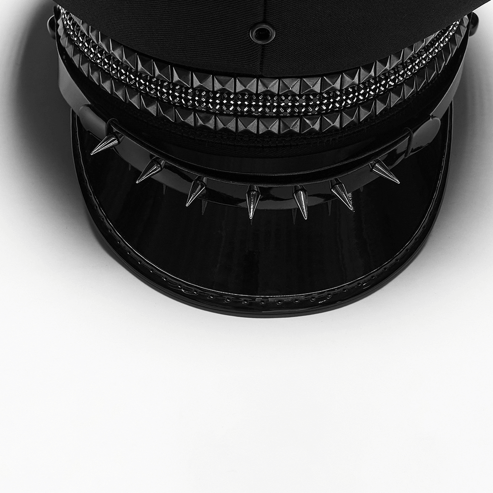 Black Punk Military Cap with Studded Gloss Visor featuring rivets and spikes for a bold look.