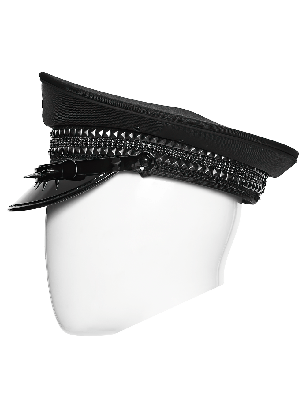 Black Punk Military Cap with Studded Gloss Visor showcased on a mannequin's head with studded detailing.