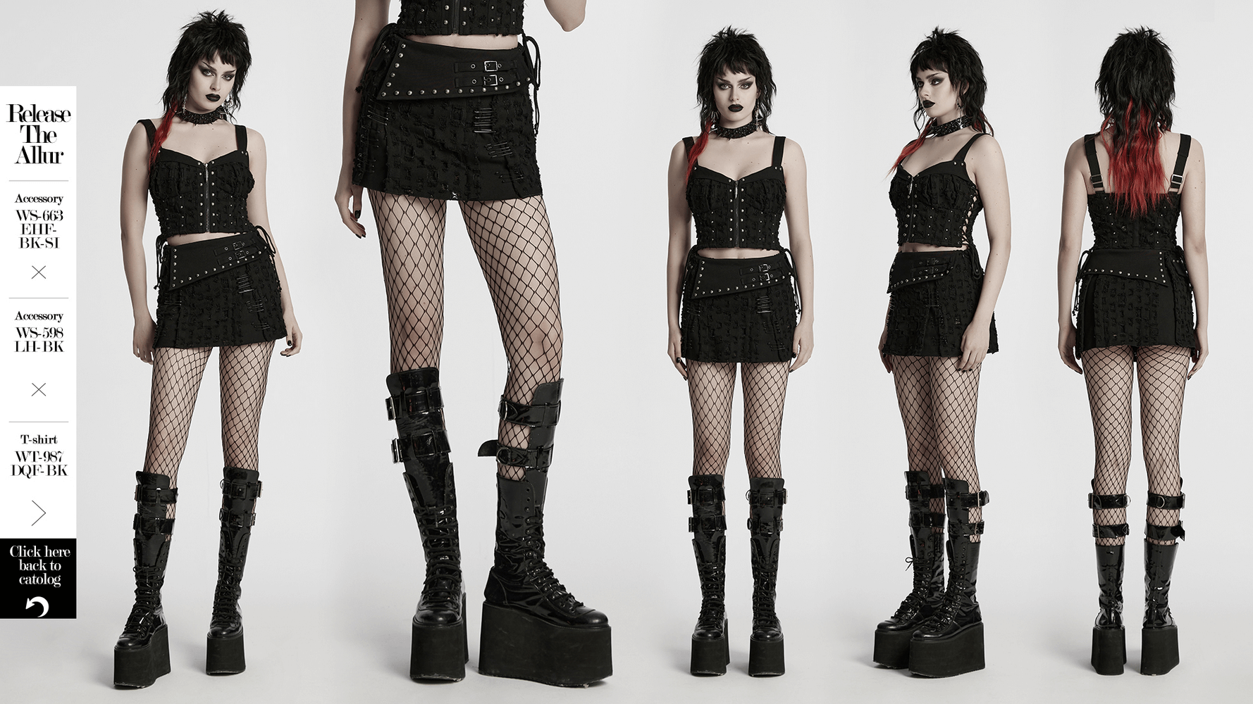 Black punk mini skirt with studs and safety pins paired with edgy top and fishnet stockings, showcasing a bold style.