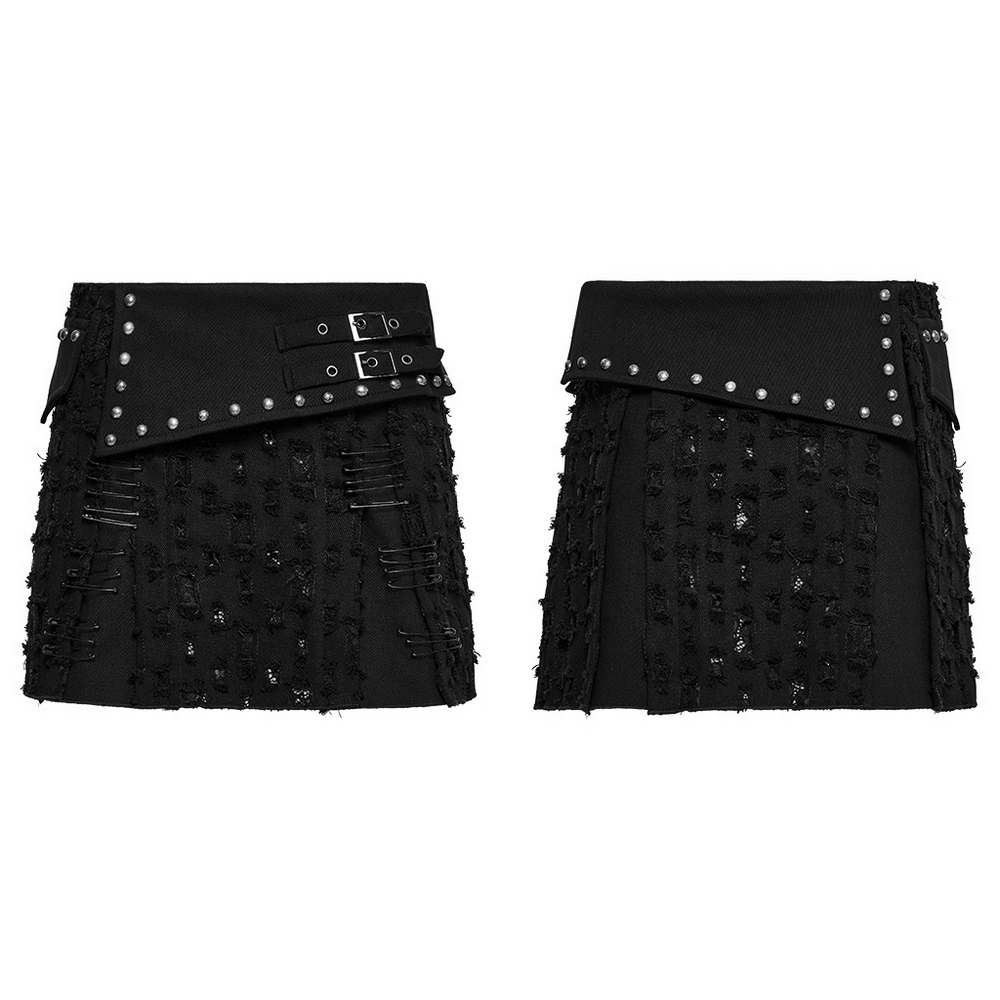 Black punk mini skirt with studs, safety pins, and edgy distressed details, perfect for gothic and grunge styles.
