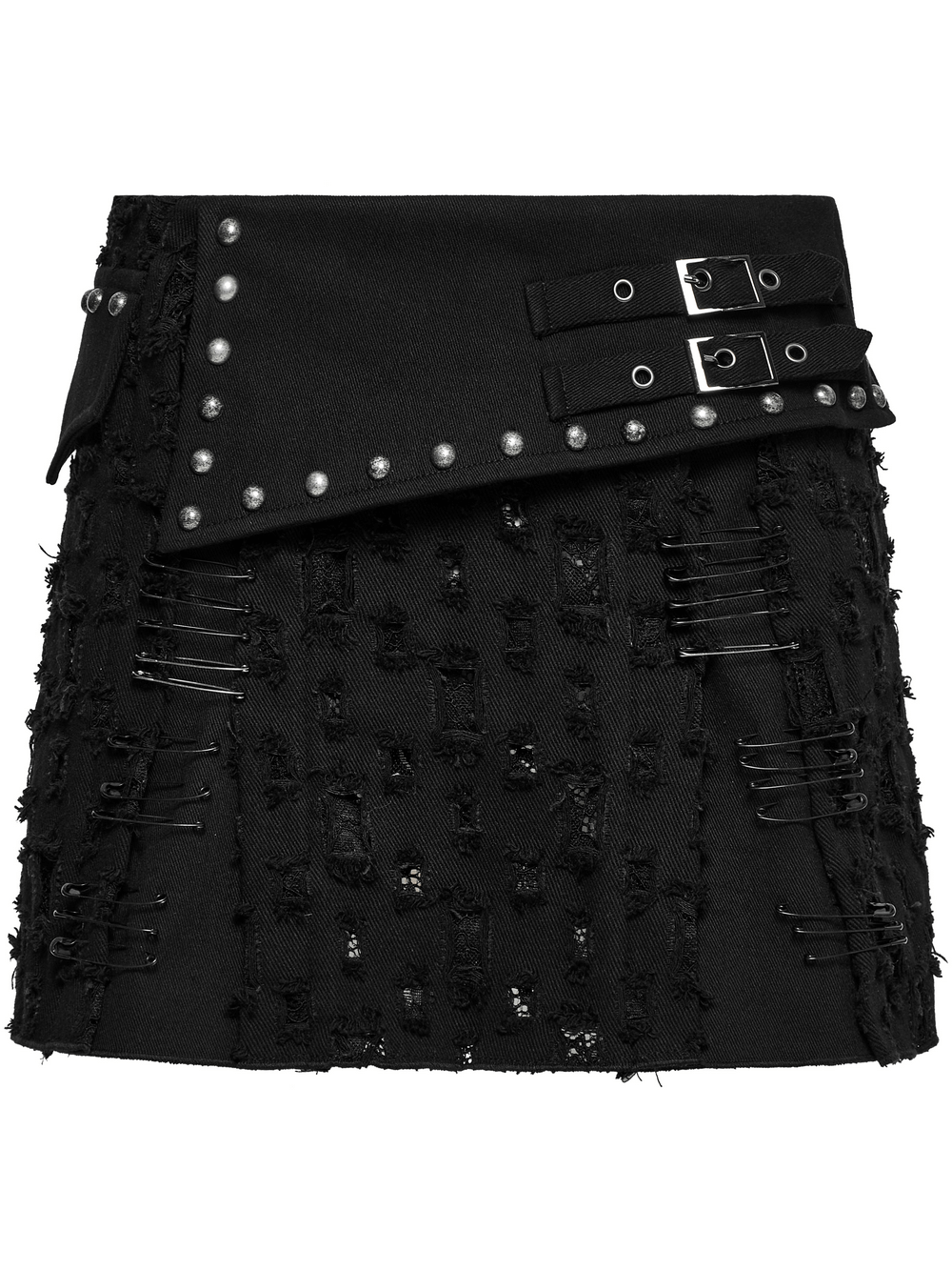 Black punk mini skirt with studs and safety pins, featuring a tattered design and edgy metal details.