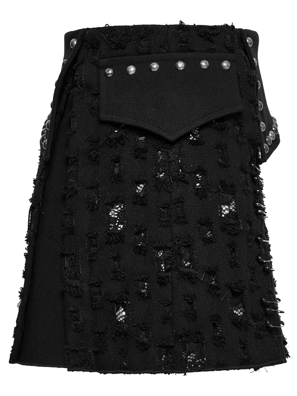 Black punk mini skirt with studs and safety pins, featuring tattered denim and a rebellious design.
