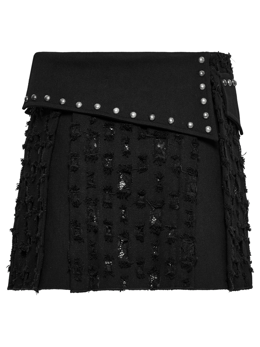 Edgy black punk mini skirt with studs and tattered detail, perfect for goth and grunge styles.