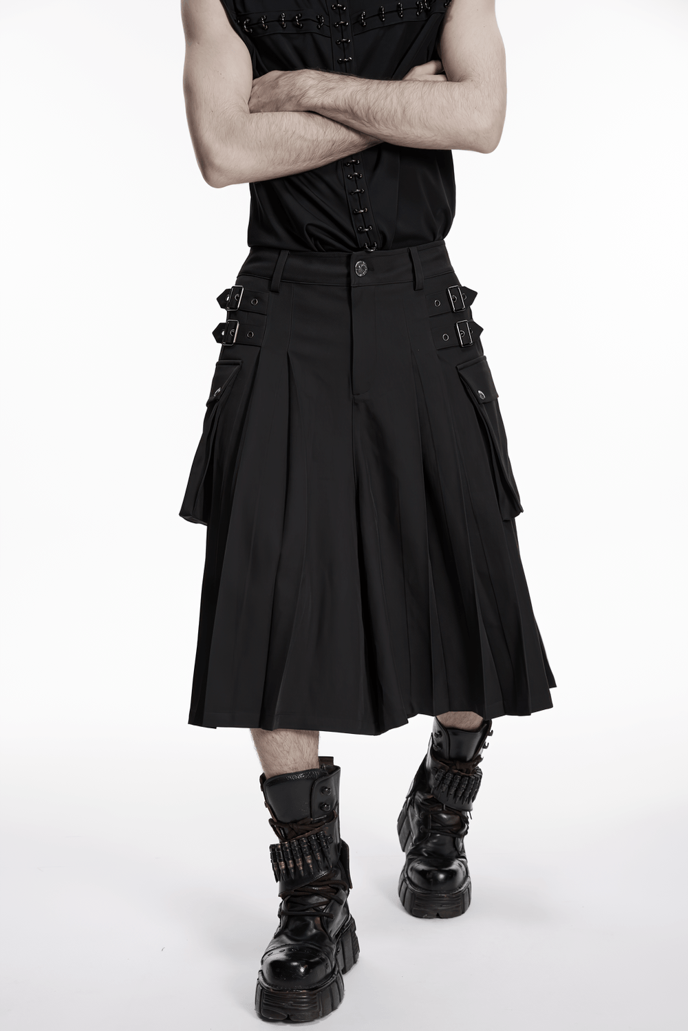 Black Punk Pleated Cargo Skirt-Pants with Buckles