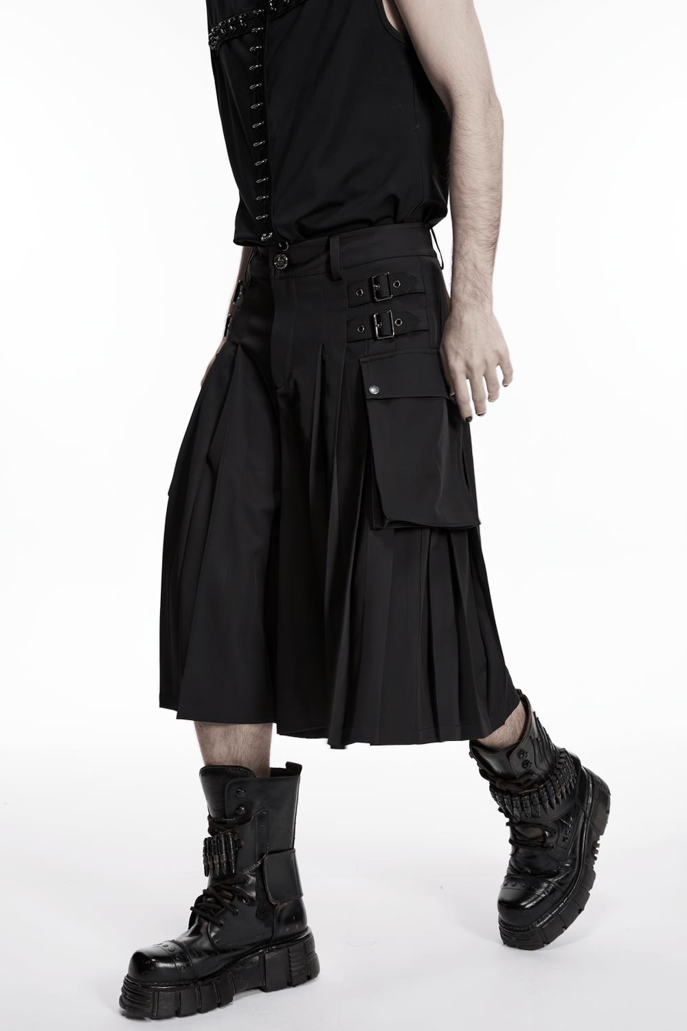 Black Punk Pleated Cargo Skirt-Pants with Buckles