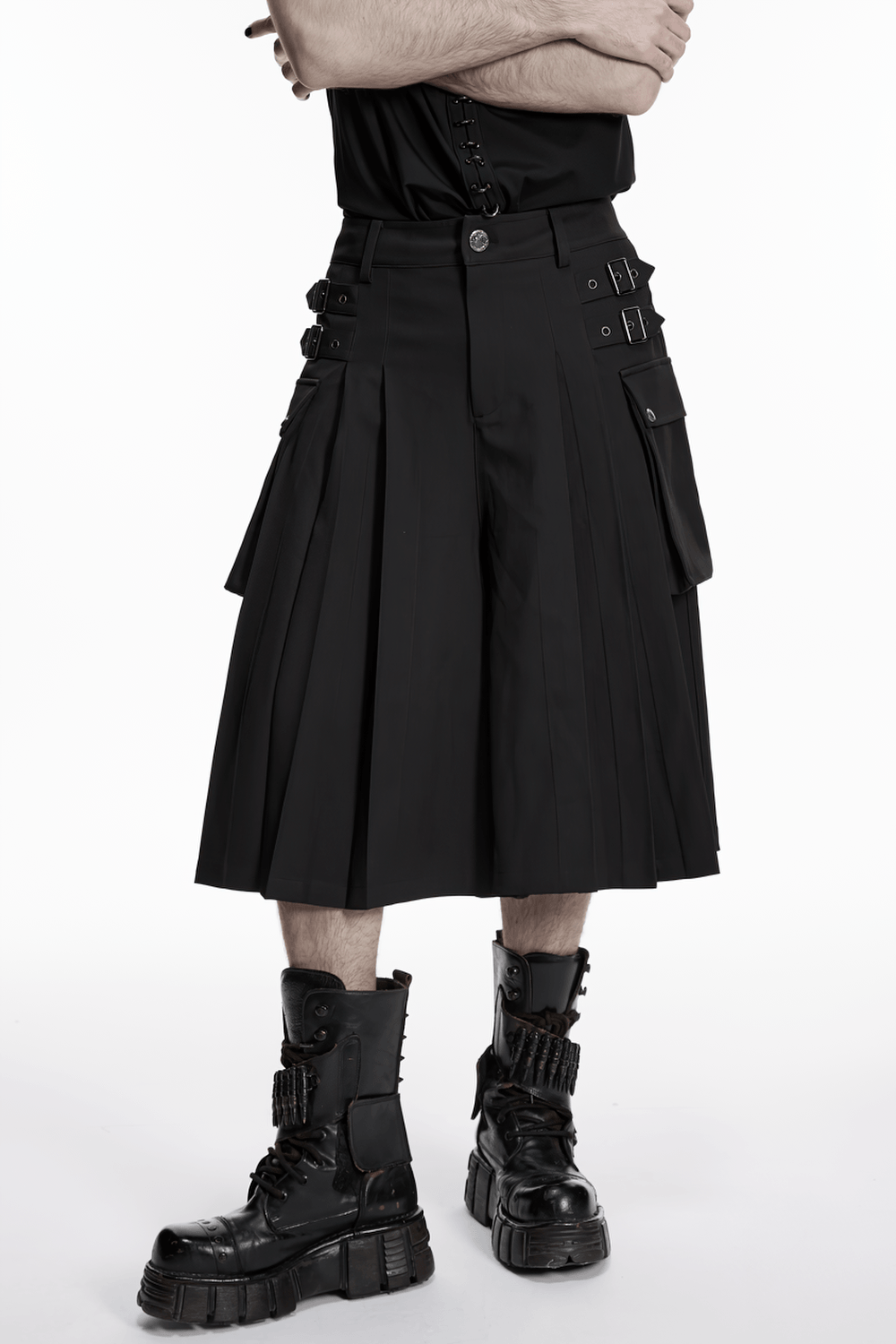 Black Punk Pleated Cargo Skirt-Pants with Buckles