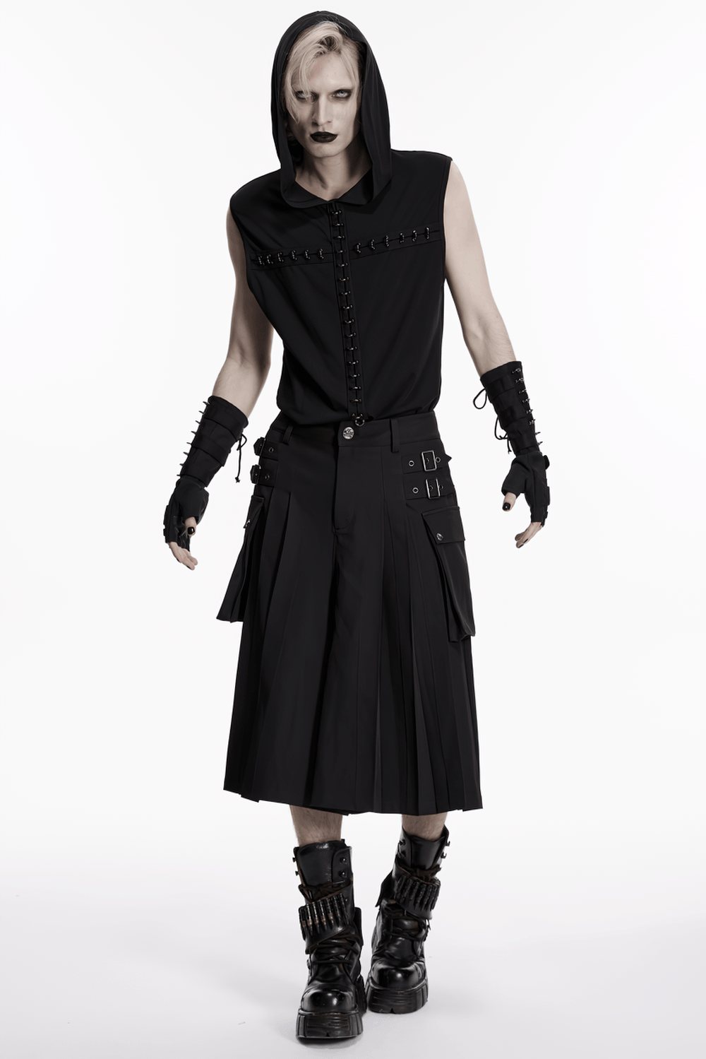Black Punk Pleated Cargo Skirt-Pants with Buckles