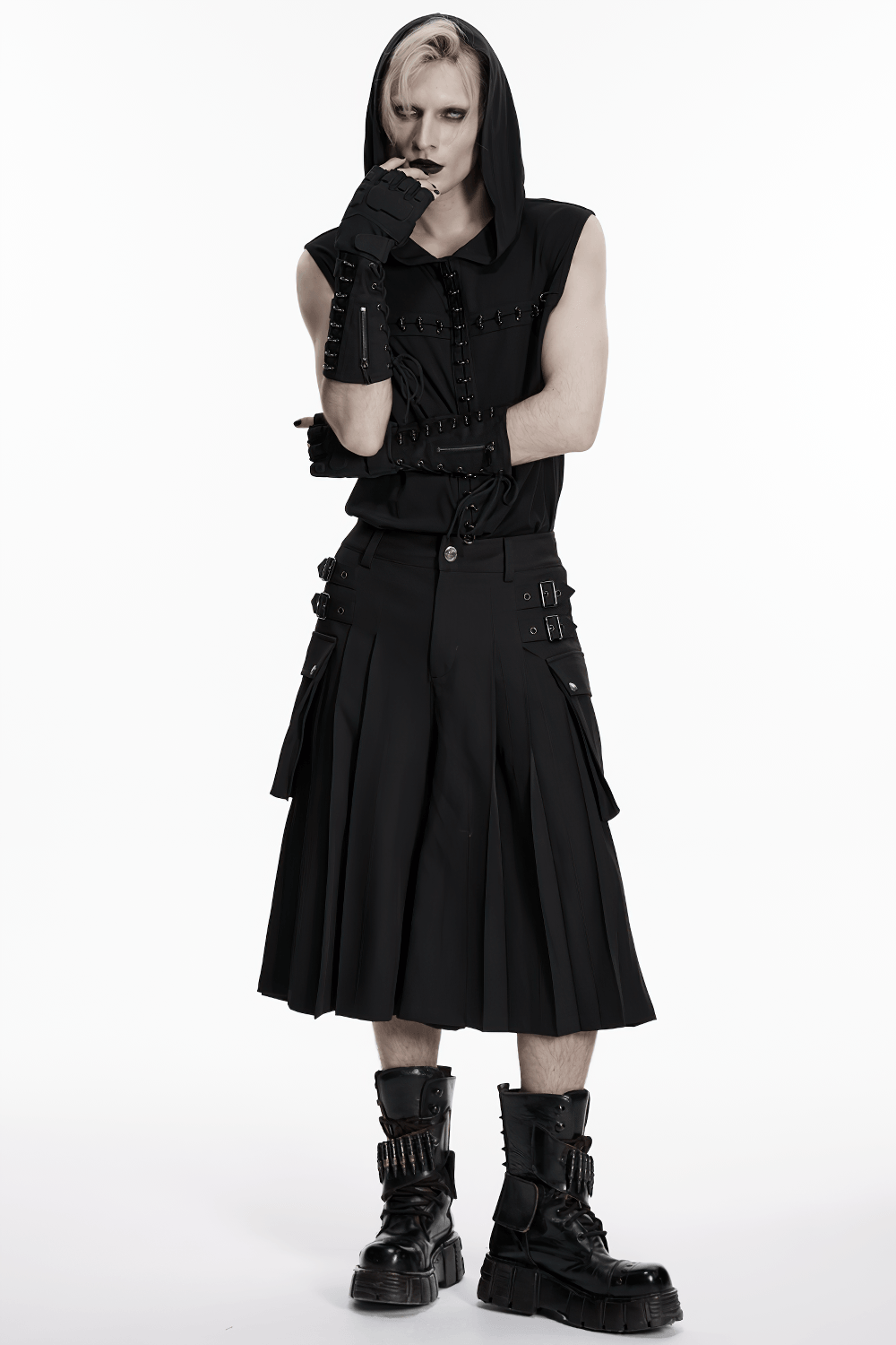 Black Punk Pleated Cargo Skirt-Pants with Buckles