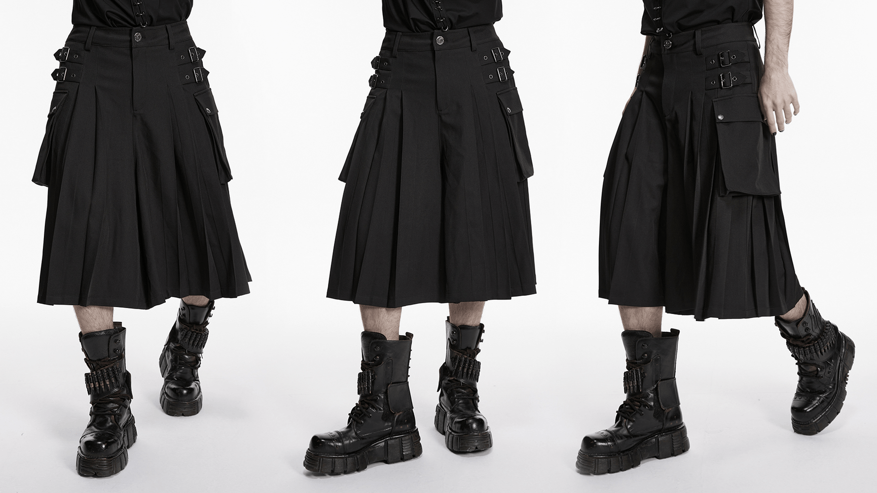 Black Punk Pleated Cargo Skirt-Pants with Buckles