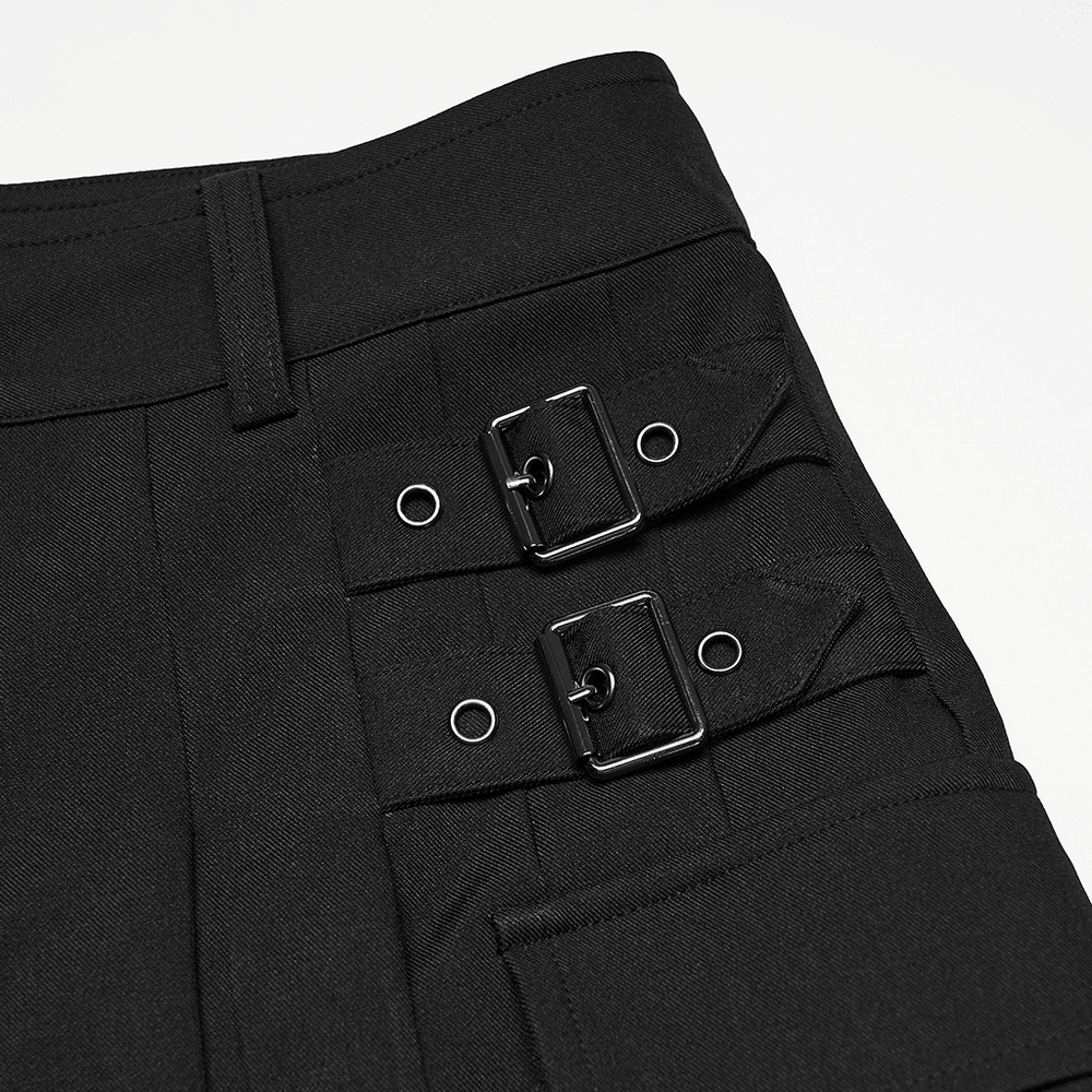Black Punk Pleated Cargo Skirt-Pants with Buckles